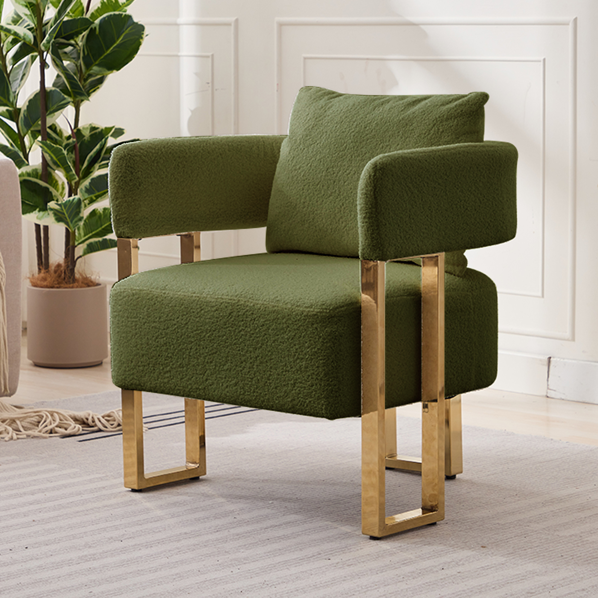 TS Modern decorative chair, living room side chair with gold metal legs, no wheels, suitable for dressing area, reception room, office,Teddy fleece upholstered metal foot sofa 2PC Green — foto 2
