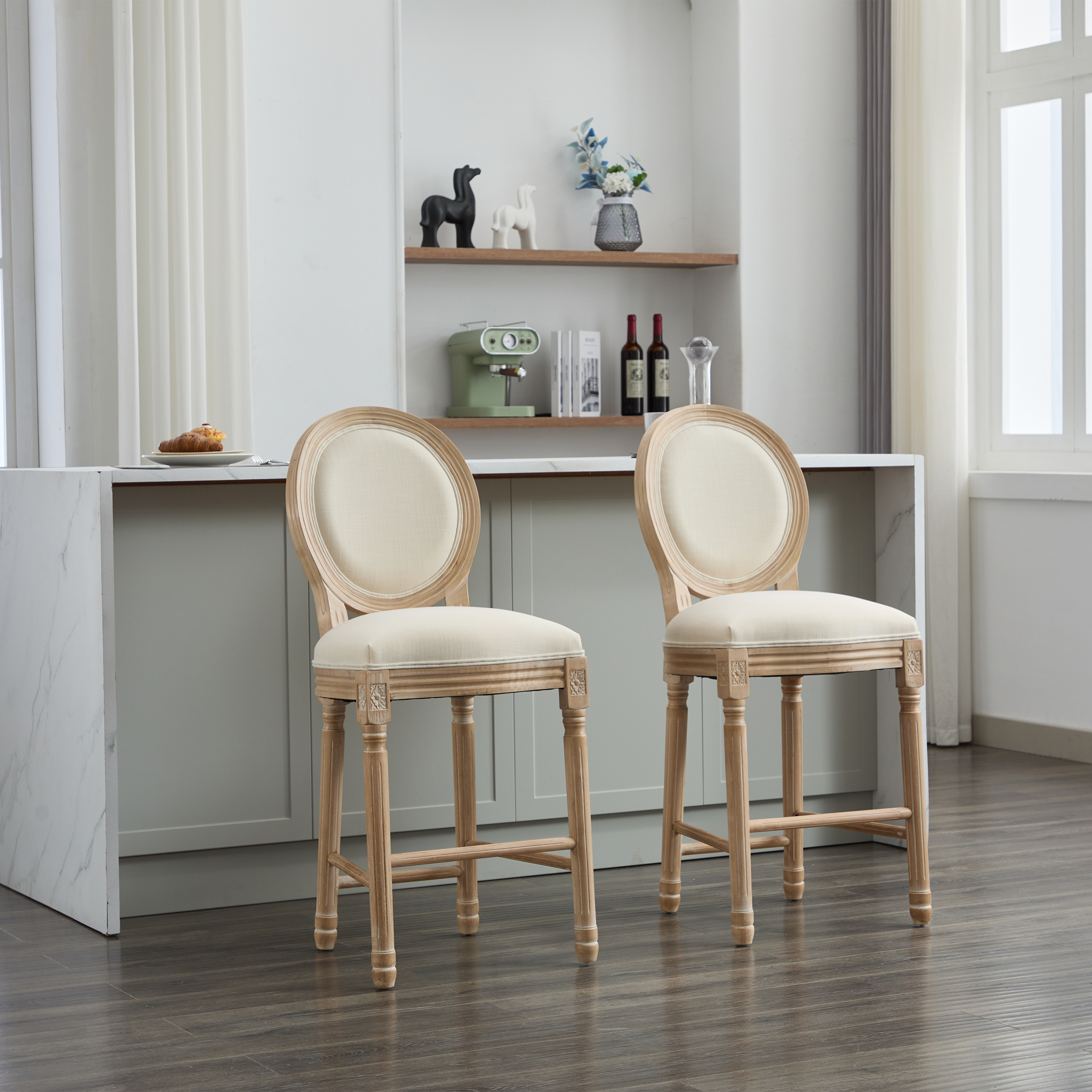 Solid Wood Bar stools Set of 2, Classic French Country Wooden Barstools with Upholstered Seating — foto 6