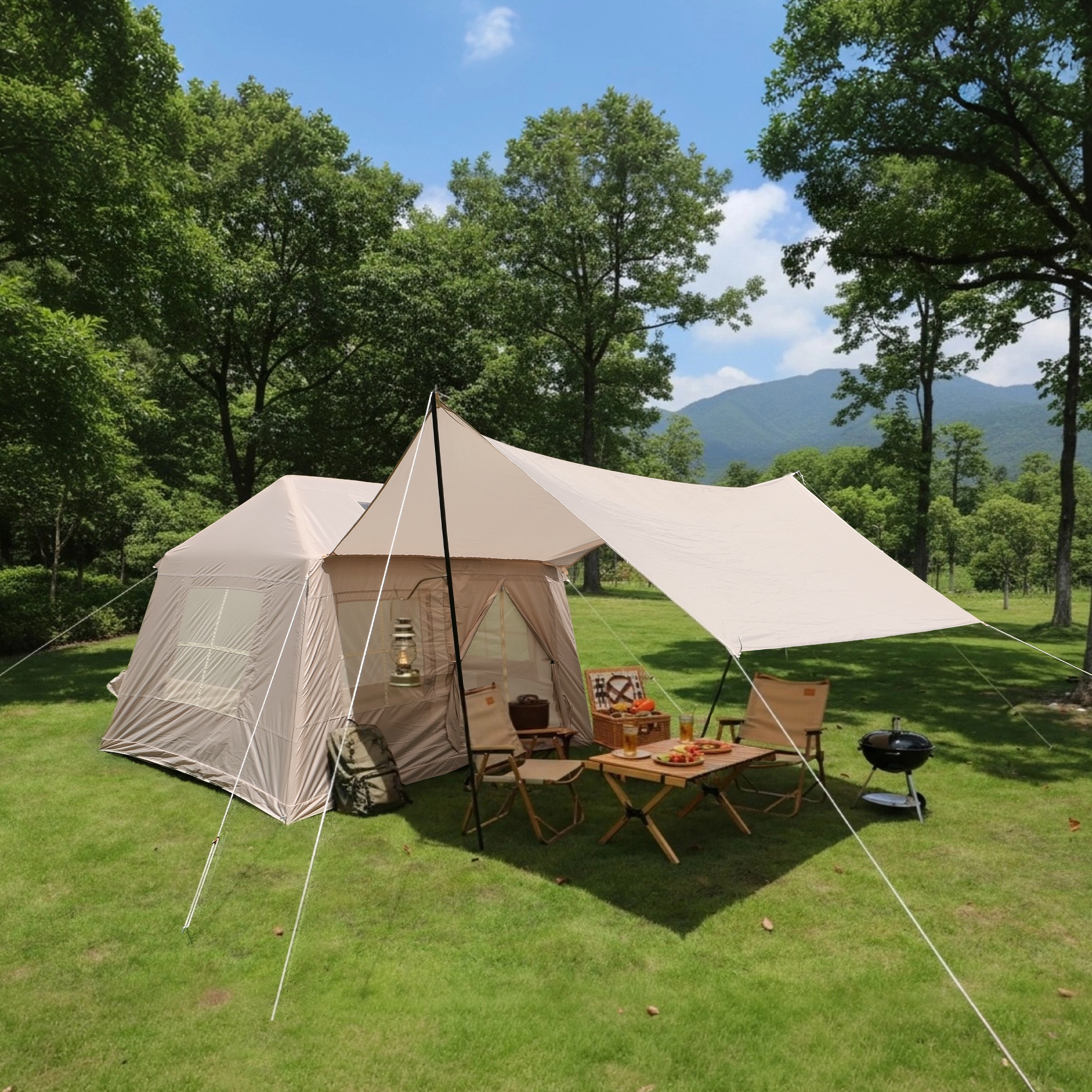 5.72m² Inflatable Camping Tent, Easy Setup 4 Season Windproof Glamping Tent with Mesh Windows & Pump, Outdoor Cotton Tent