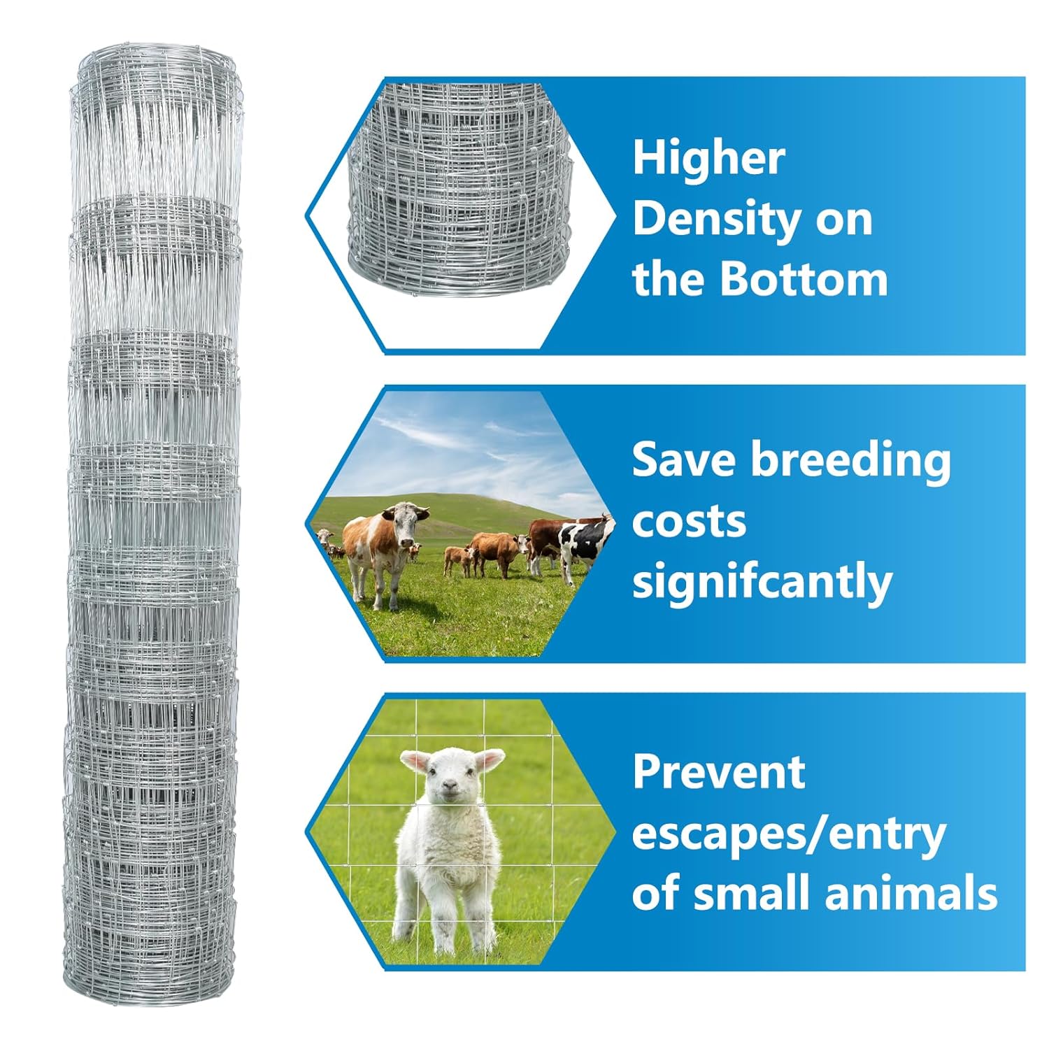 Farm Livestock Fence, 4.9*328FT Galvanised Iron Wire Farm Fence Cattle Fence Deer Fence Grassland Fence,Please Check Size Chart, Not for Small Animals 2