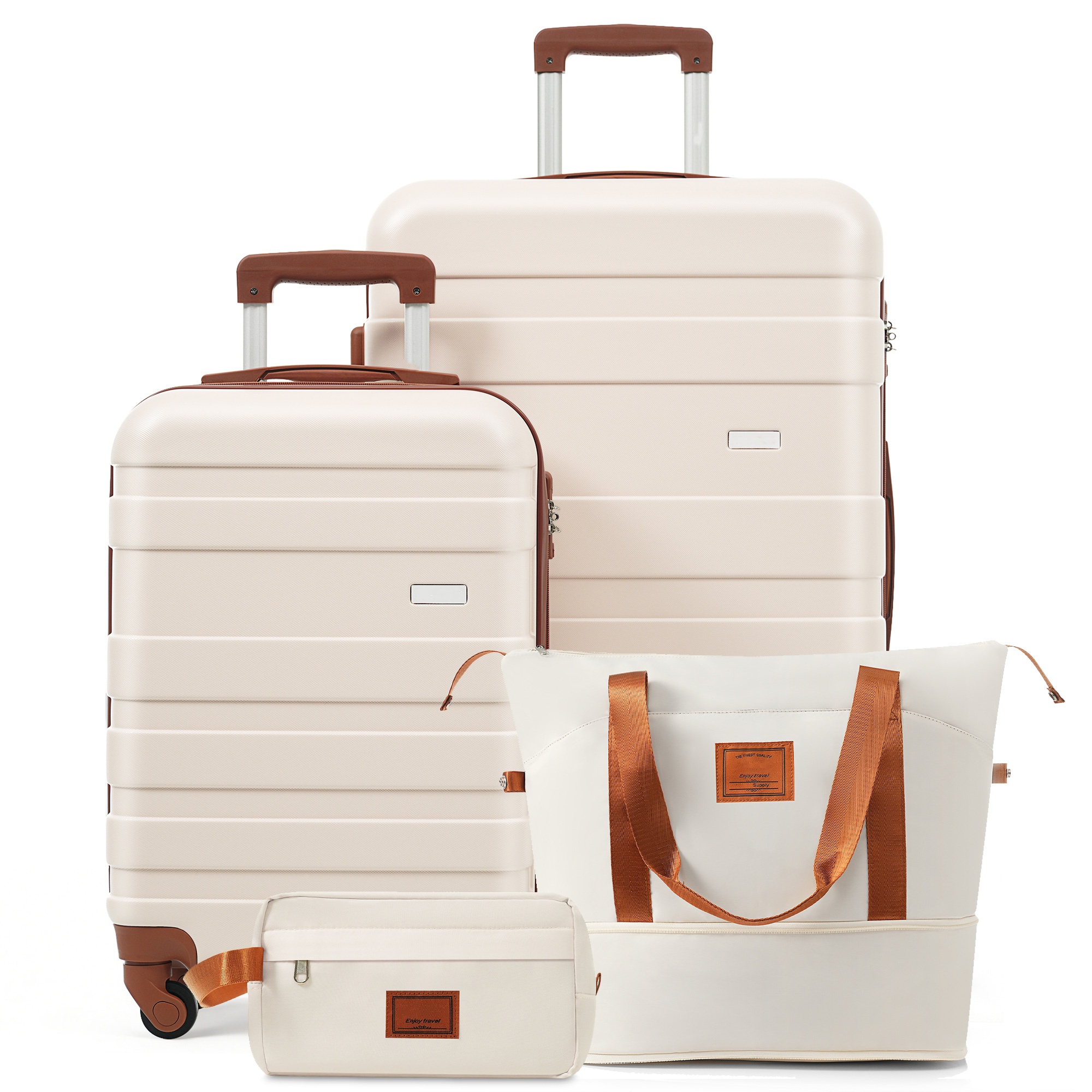 4-Piece Luggage Set  - 20in Carry-On, 28in Checked Suitcase with TSA Lock Travel Duffel Bag Wet-Dry Toiletry Bag,ivory and brown