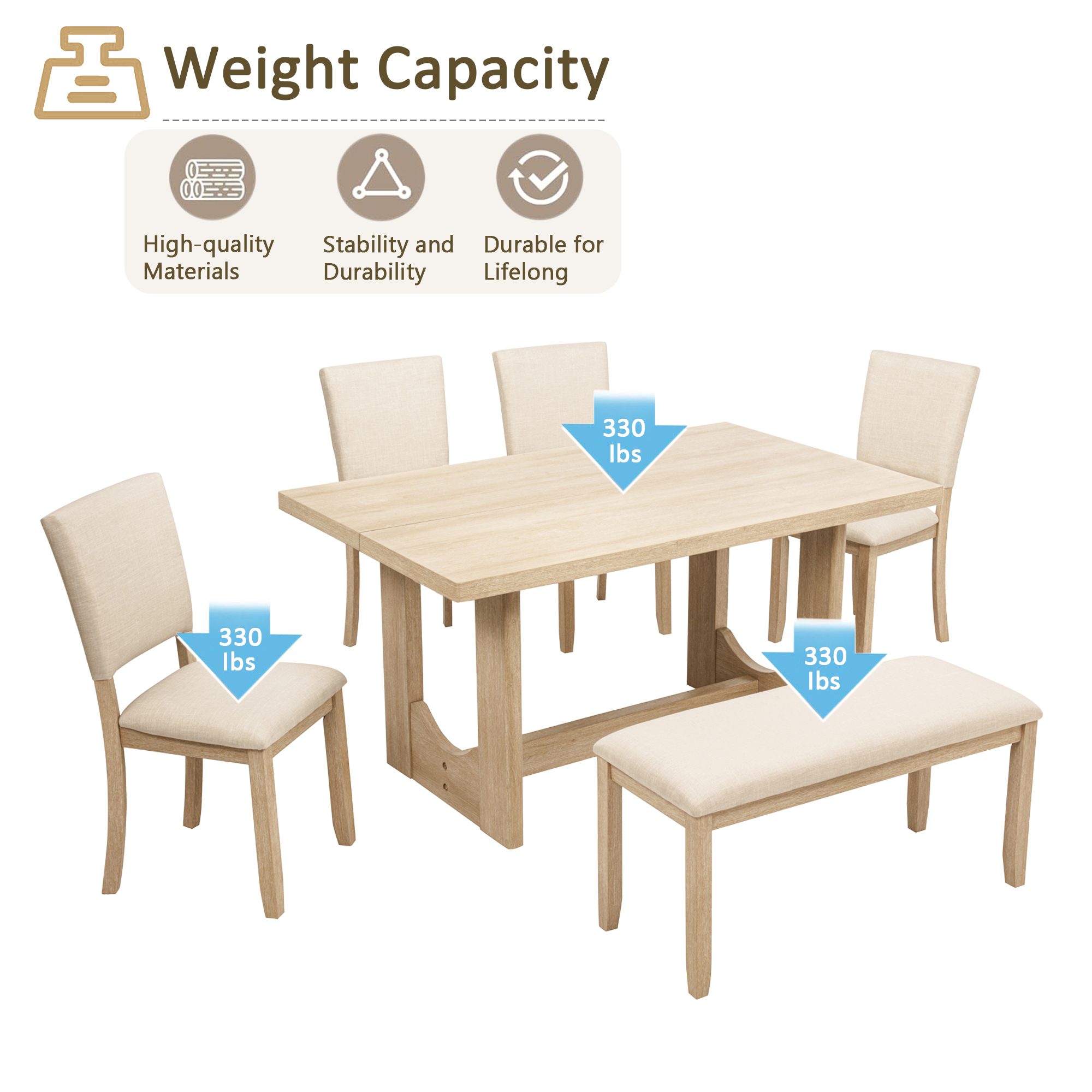 6 Piece Dining Table Set with Bench, Wooden Rectangular Kitchen Table Set with Bench and 4 Upholstered Chairs for Living Room, Kitchen, Dining Room, U-shaped base, Light Oak & Beige