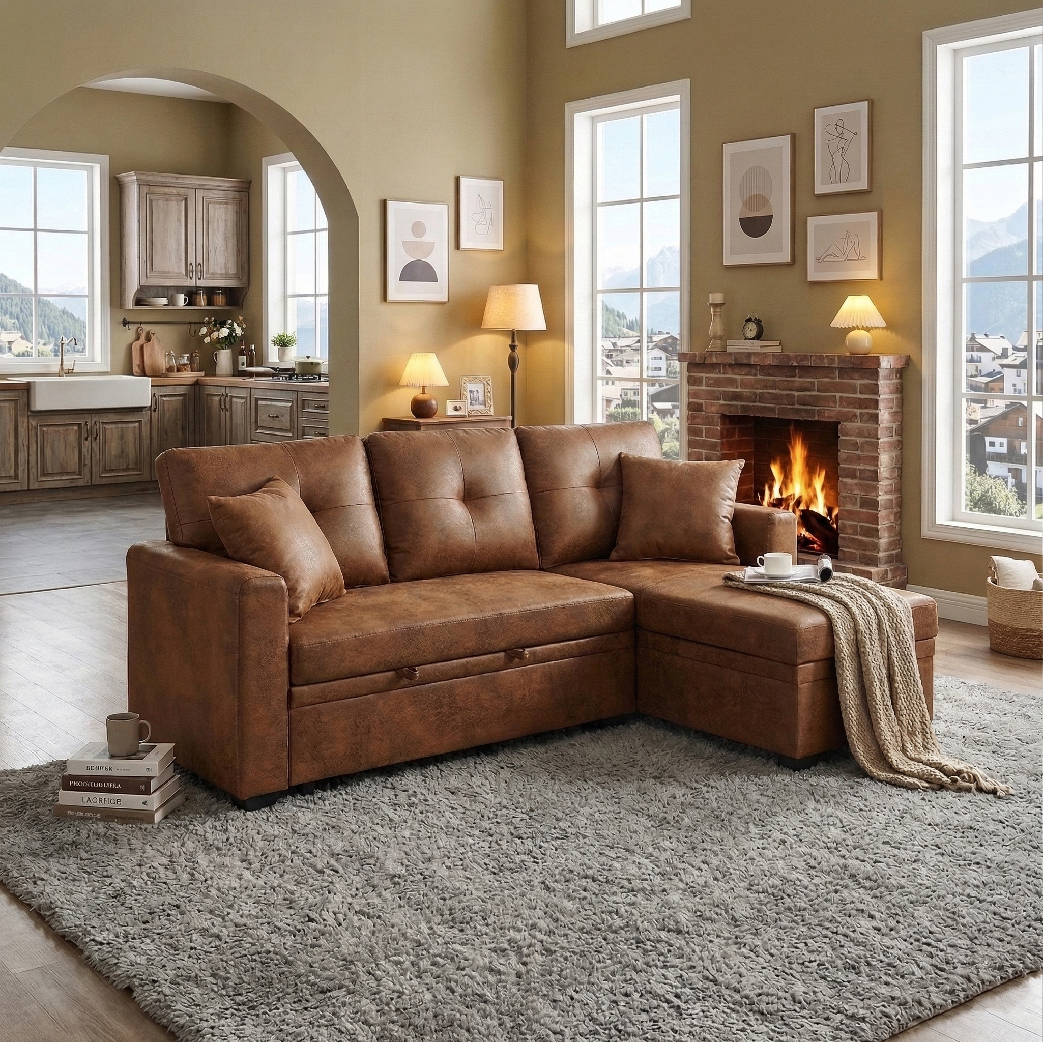 Sleeper Sofa, Sectional with Pull-Out Bed, Reversible Chaise, Storage Sectional,  Light Brown breathable  fabric, Small Space Solution, Convertible Sofa Bed, Living Room Furniture, L-Shaped Sofa