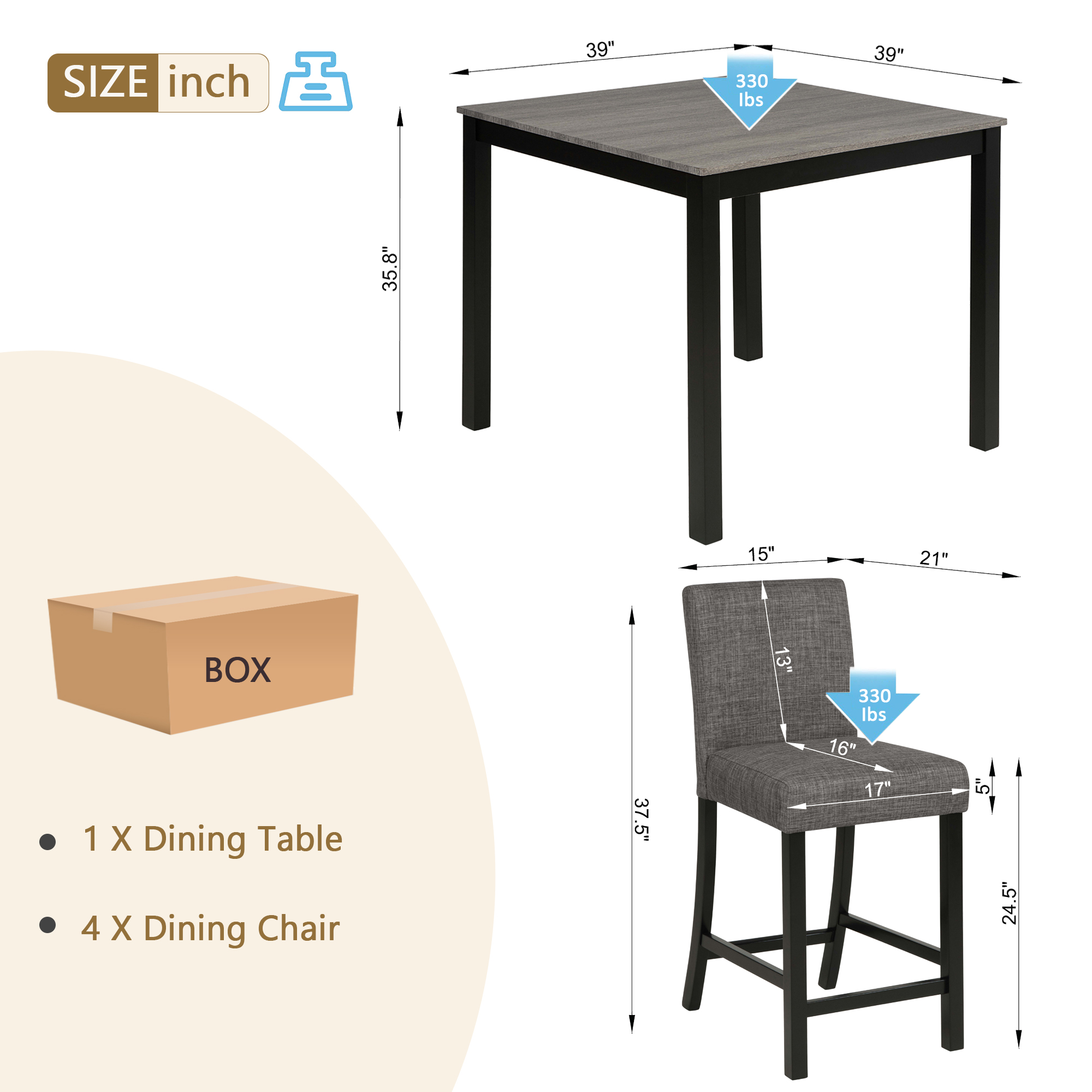5-Piece Counter Height Table Set with 4 Chairs, Counter Height Table Set for 4 with Chairs, Wooden Counter Height  Table Set for Kitchen, Dining Room, Light Grey & Black Two Tone — foto 5