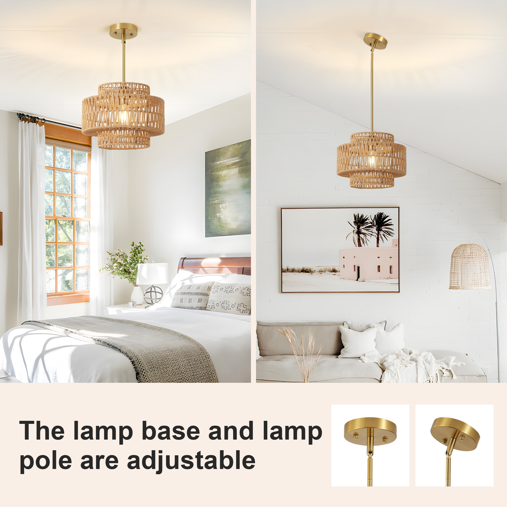 12.6 in Boho Rattan Chandelier Light Fixture,1-Light Hand Woven Pendant Light Fixture Farmhouse Rustic Hanging Lamp for Kitchen Island Bedroom, Dining Room, Living Room, Entryway, Foyer — foto 5