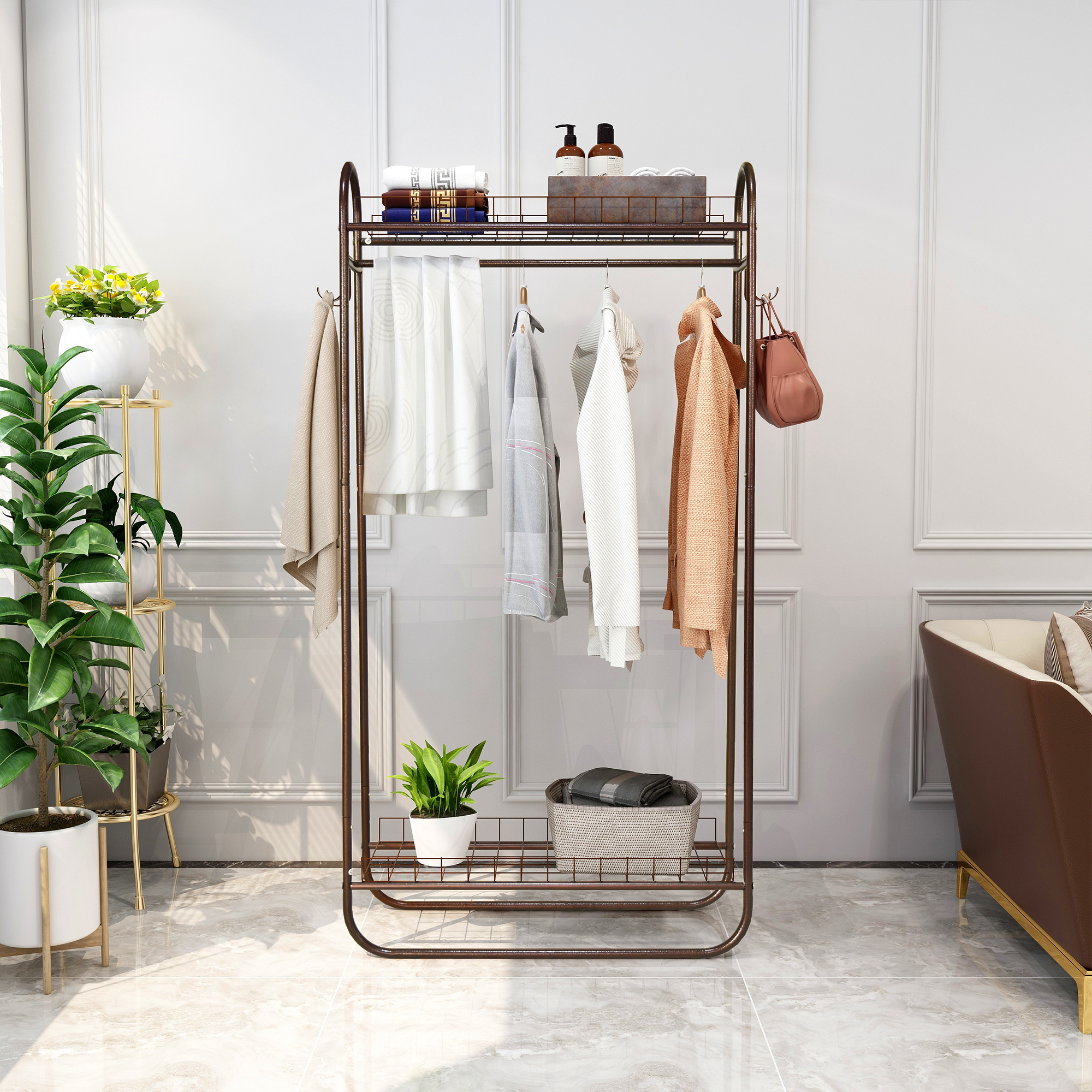 Garment Rack Freestanding Heavy Duty Clothing Rack, Metal Rolling Clothes Rack with Double Shelves, Portable Wardrobe Rack for Hanging Clothes — foto 4