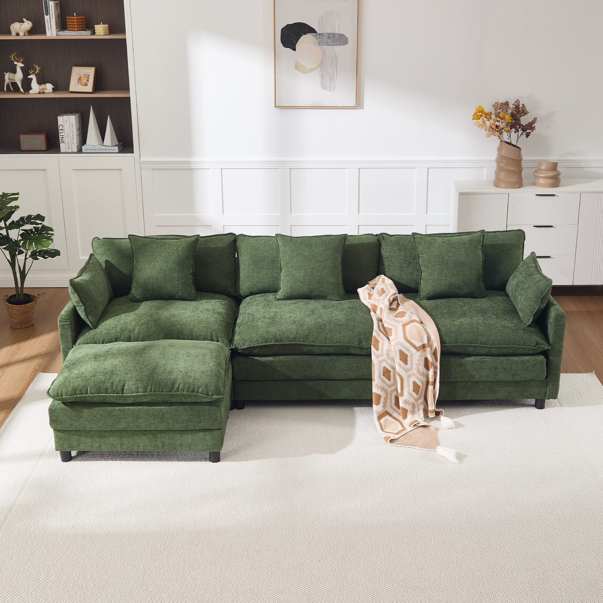 108" L Shaped Modern Sofa Modular Sectional Cloud Couch with Ottoman, 4-Seat Chenille Deep Seat Sofa with Pillow for Living Room, Bedroom and Apartment