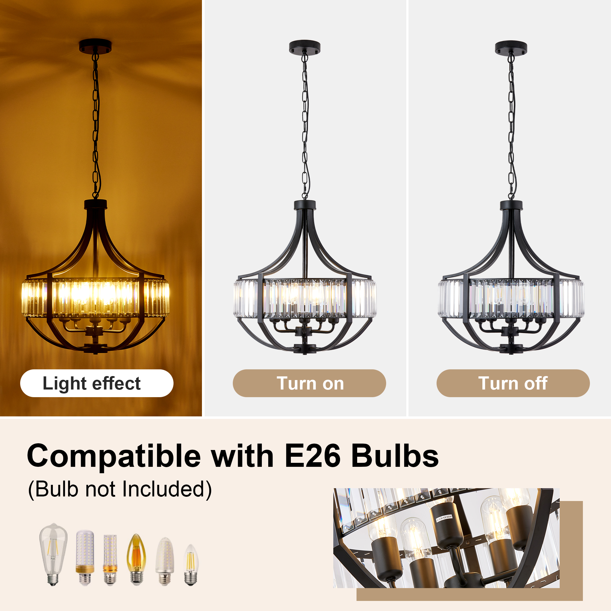 20" Modern Farmhouse Crystal Chandeliers for Dining Room, 5-Light Black Antique Pendant Chandelier, Contemporary Hanging Light Fixture for Living Room Bedroom Foyer Kitchen Island Entryway