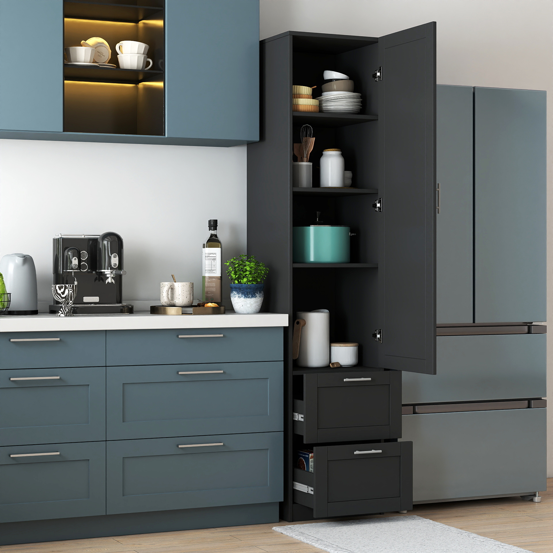 Standard kitchen Pantry,Tall Cabinet,Freestanding Cabinet with  one door  and two drawers for Kitchen, Dining Room, BLACK — foto 2