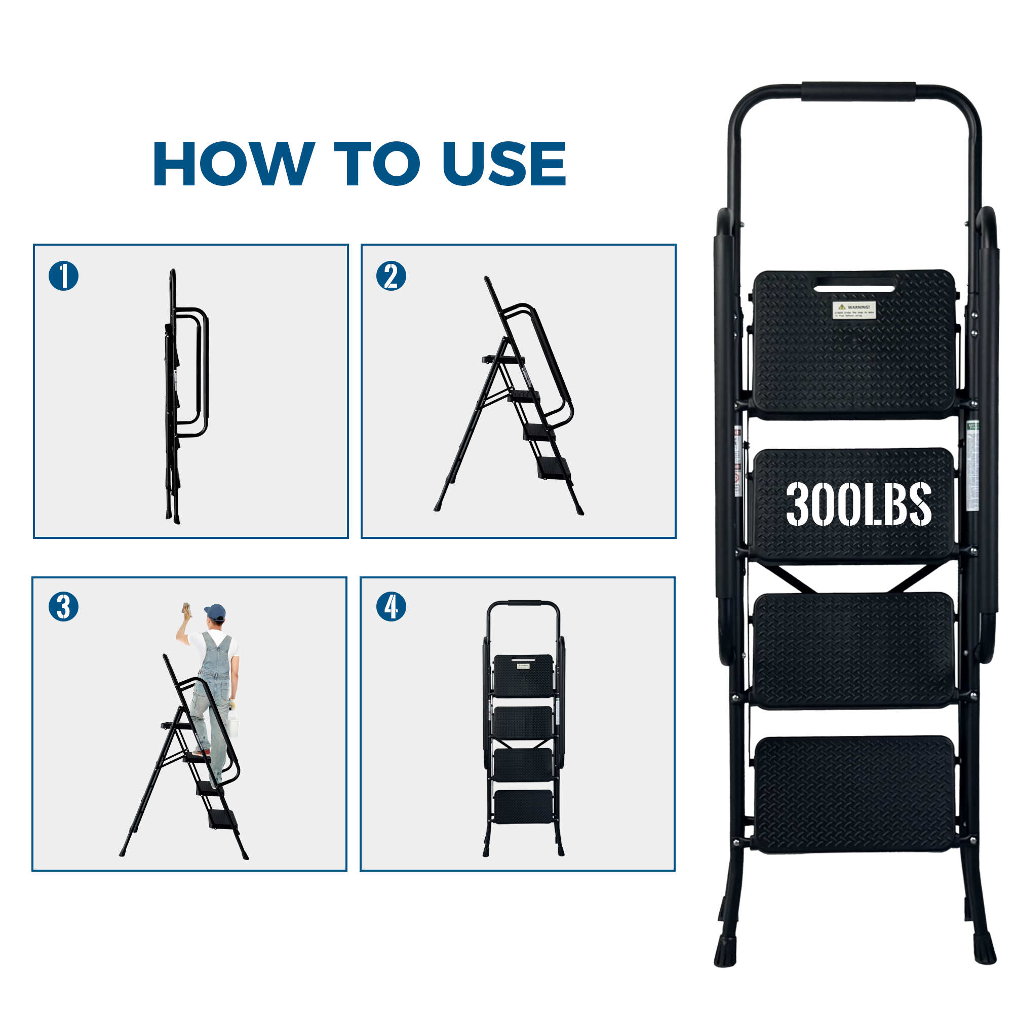 4 Step Ladder, Folding Step Stool with Wide Anti-Slip Pedal, Sturdy Steel Ladder, Convenient Handrail, Lightweight, Portable Steel Step Stool — foto 4