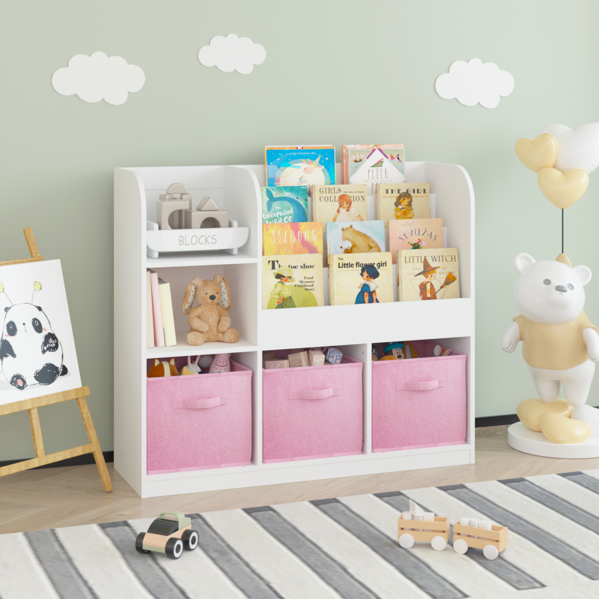 Kids Bookcase and Bookshelf, Multifunctional Bookcase with 3 Collapsible Fabric Drawers, Bookcase Display Stand, Toy Storage Organizer for Bedroom, Playroom, Hallway (White/Pink) — foto 4