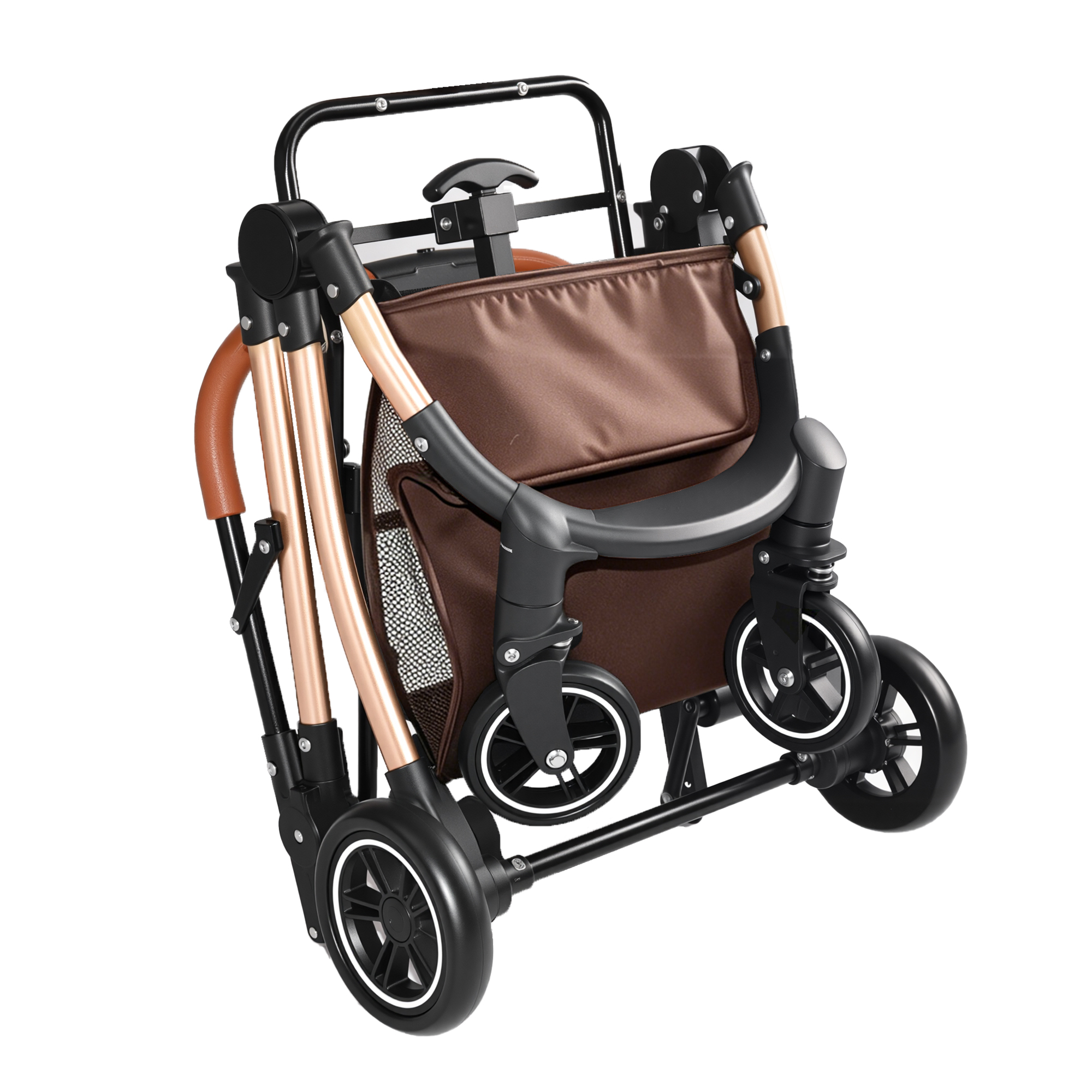 Pet Stroller for Dogs and Cats, 2-in-1 Detachable Foldable 4 Wheels Pet Stroller, Quick One-Hand Fold, Storage Basket, Detachable Carry Basket with Sun Canopy(Khaki++Gold) — foto 7