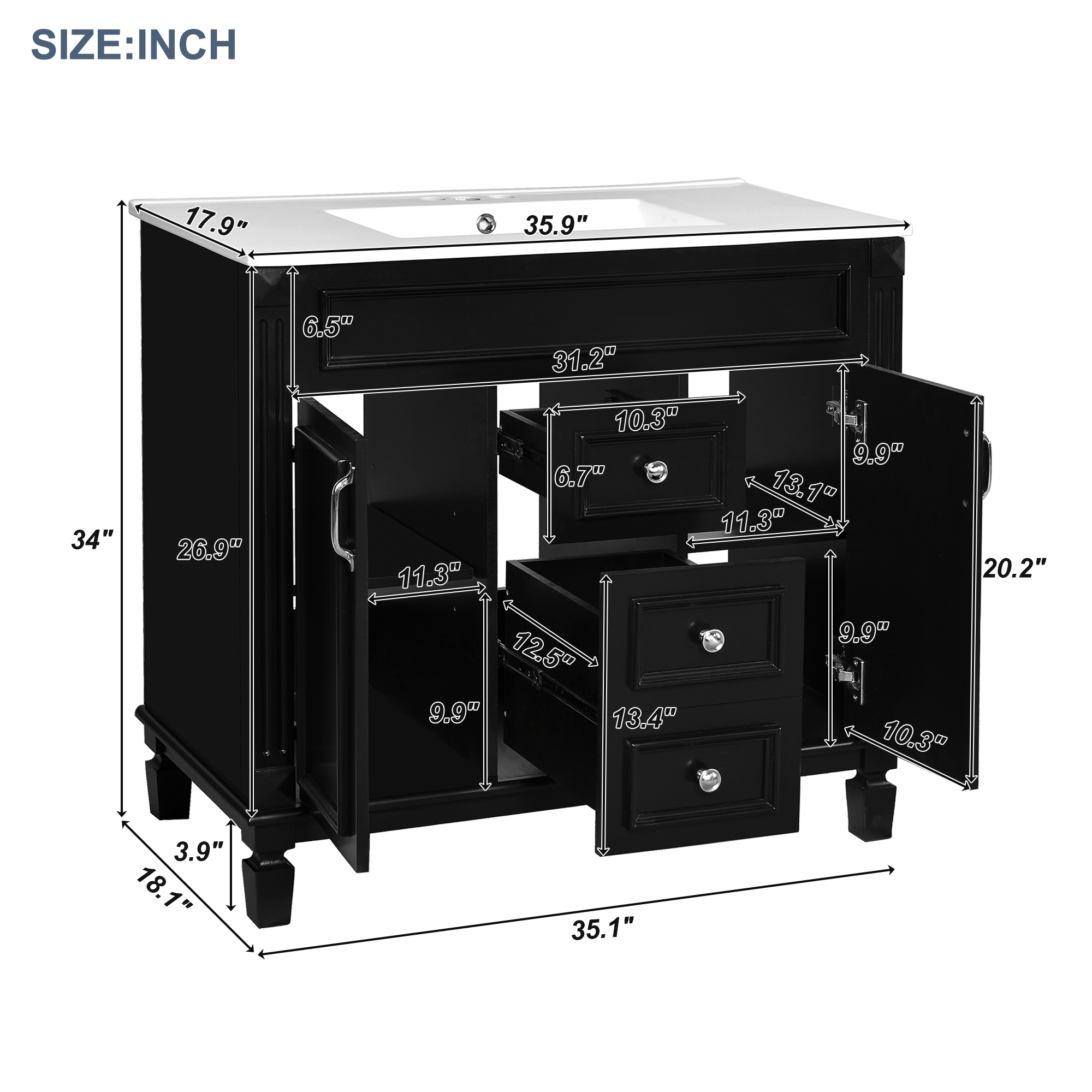 36'' Bathroom Vanity with Top Sink, Black Mirror Cabinet, Modern Bathroom Storage Cabinet with 2 Soft Closing Doors, Single Sink Bathroom Vanity — foto 4