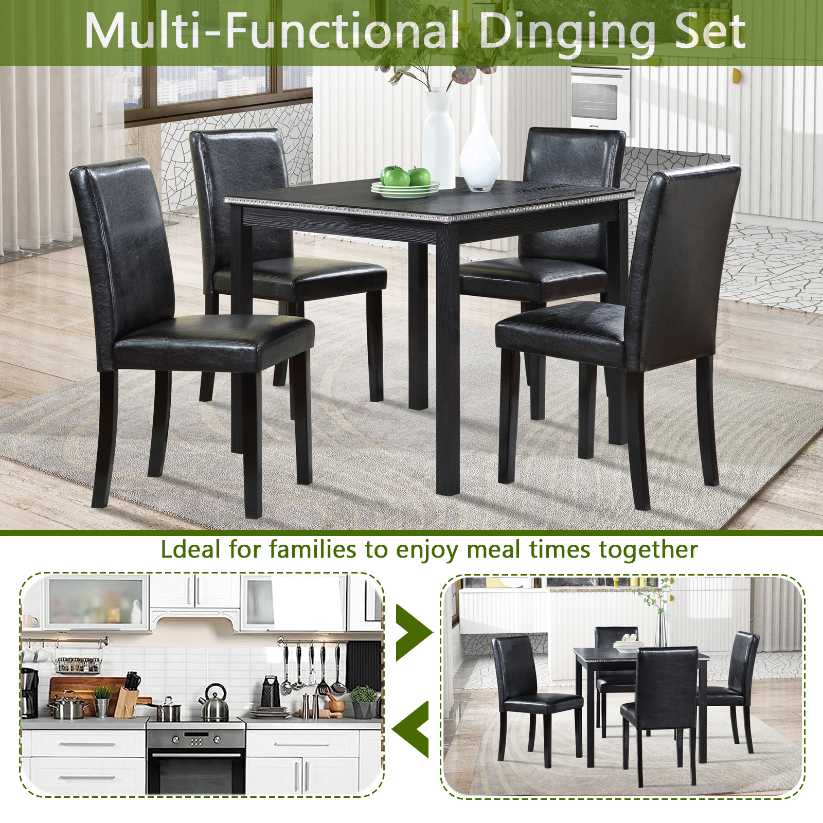 5 Piece Wooden Dining Table Set, Kitchen Table Set with a Square Table and 4 Upholstered Chairs, Wooden Dining Room Table with Crystal Decoration and Chairs Set for Kitchen, Dining Room, Black — foto 5