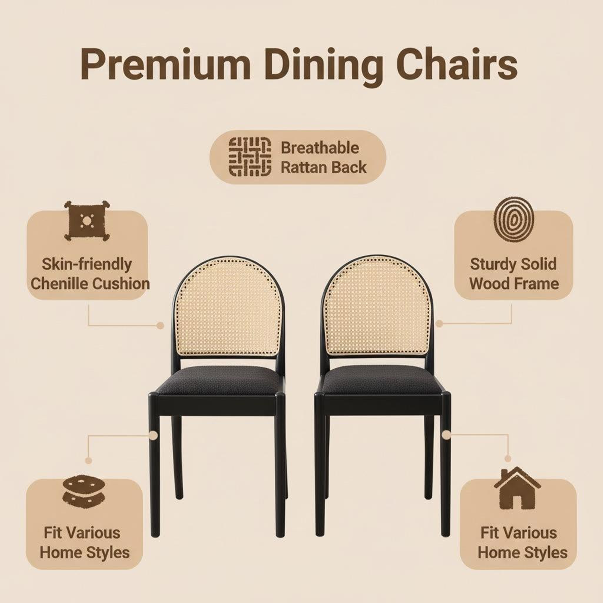 Rattan Dining Chairs Set of 2, Upholstered Linen Dining Room Chairs with Backrests, Modern Kitchen Chairs with Wood Legs for Dining Room, Black — foto 8