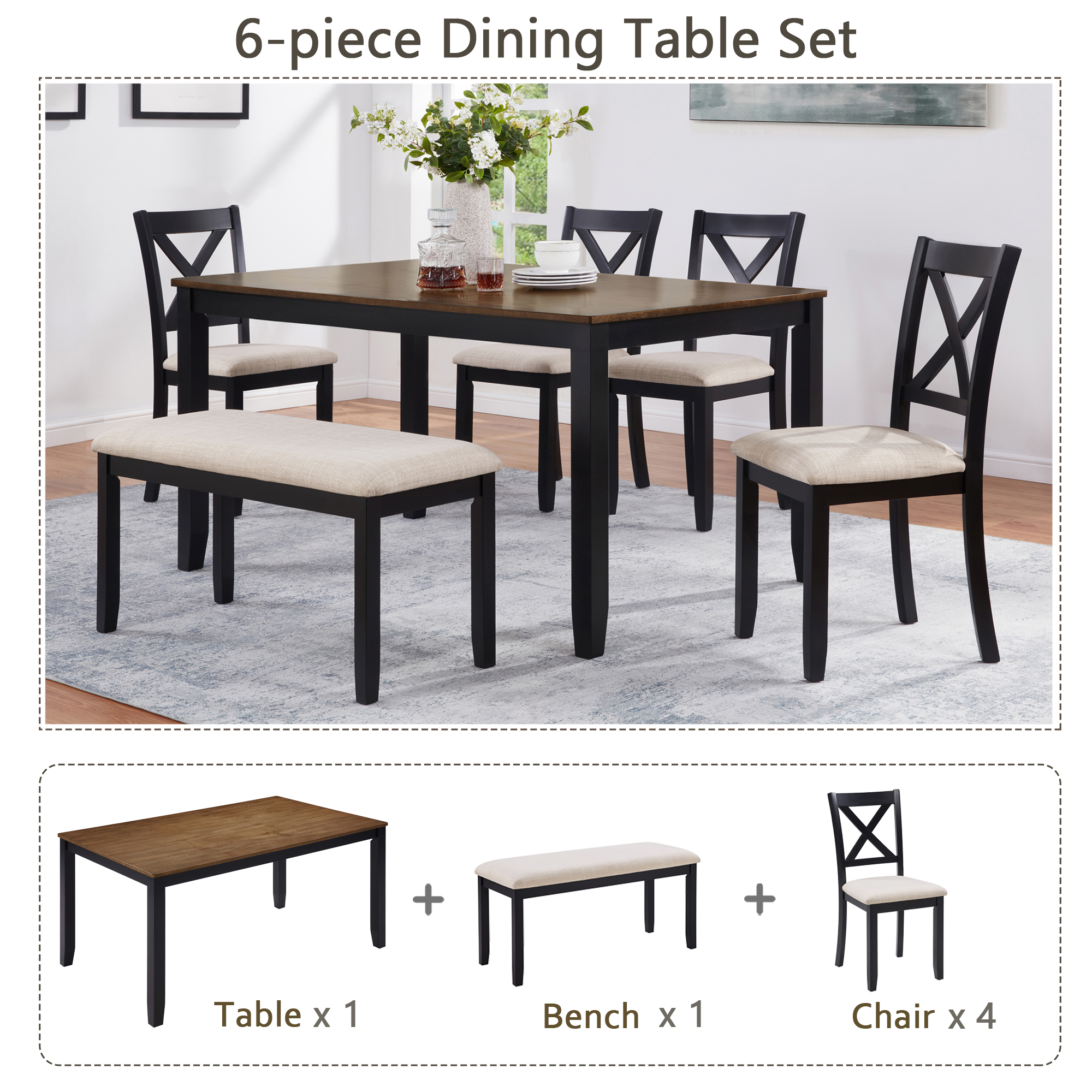 6-Piece Dining Table Set with Bench, Classic Wooden Dining Table Set for 6, Timeless Farmhouse 6-Person Dining Table Set for Dining room, Kitchen, Black & Oak two tone