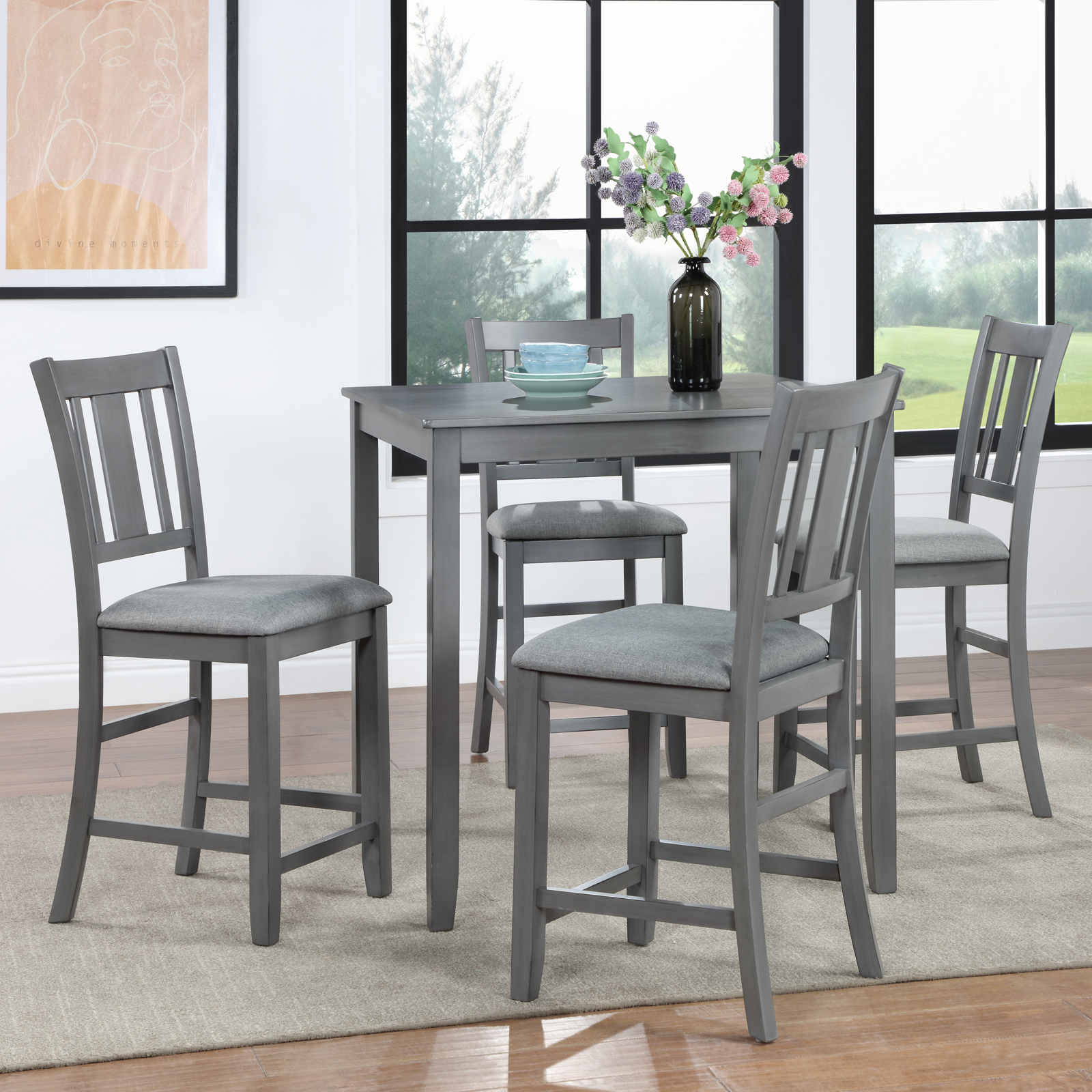 Wooden Dining Square Table, Kitchen Table for Small Space, 4 Person Counter Height Table, Gray, ONLY THE TABLE 5
