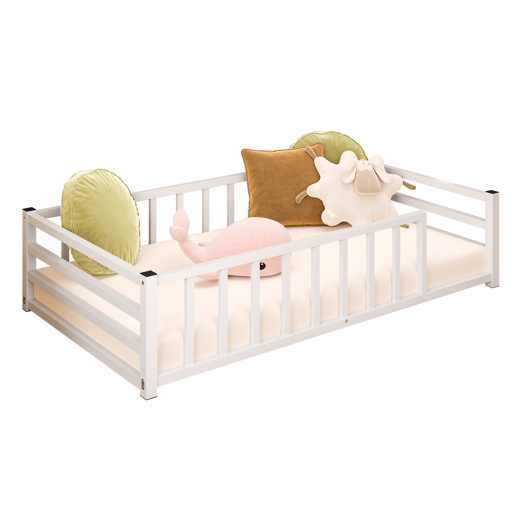 Twin Size Floor Bed, Low Profile Metal Platform with Heavy Duty Guardrails, No Box Spring Needed, White — foto 5
