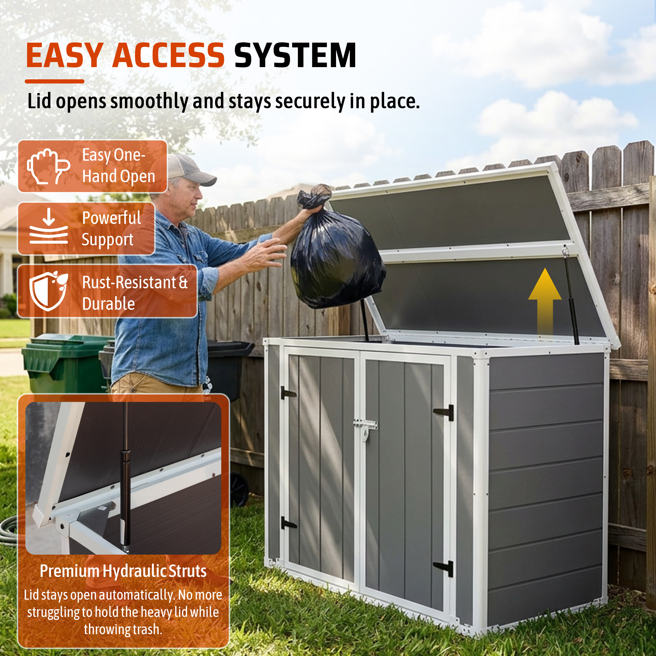 Horizontal Outdoor Storage Shed with Ramp & Hydraulic Lid, Lockable Waterproof Storage Cabinet for Trash Cans, Tools & Firewood — foto 7