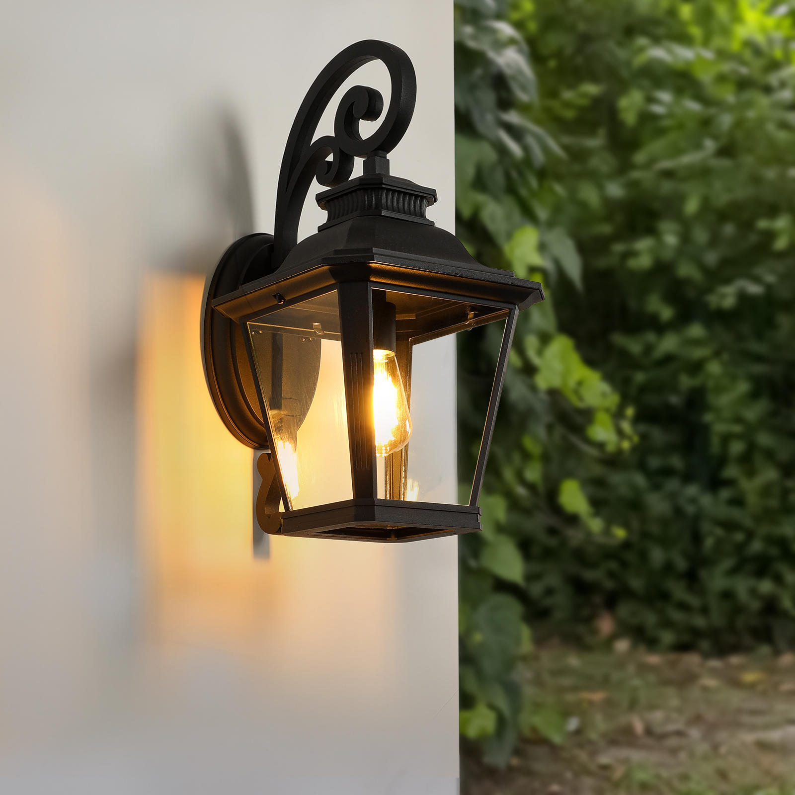 21"(H) 1-Pack Outdoor Wall Lantern Light – Vintage Black Metal & Clear Glass Sconce with Decorative Scroll Design for Porch, Patio, and Garden Lighting (Bulb Not Included) 2