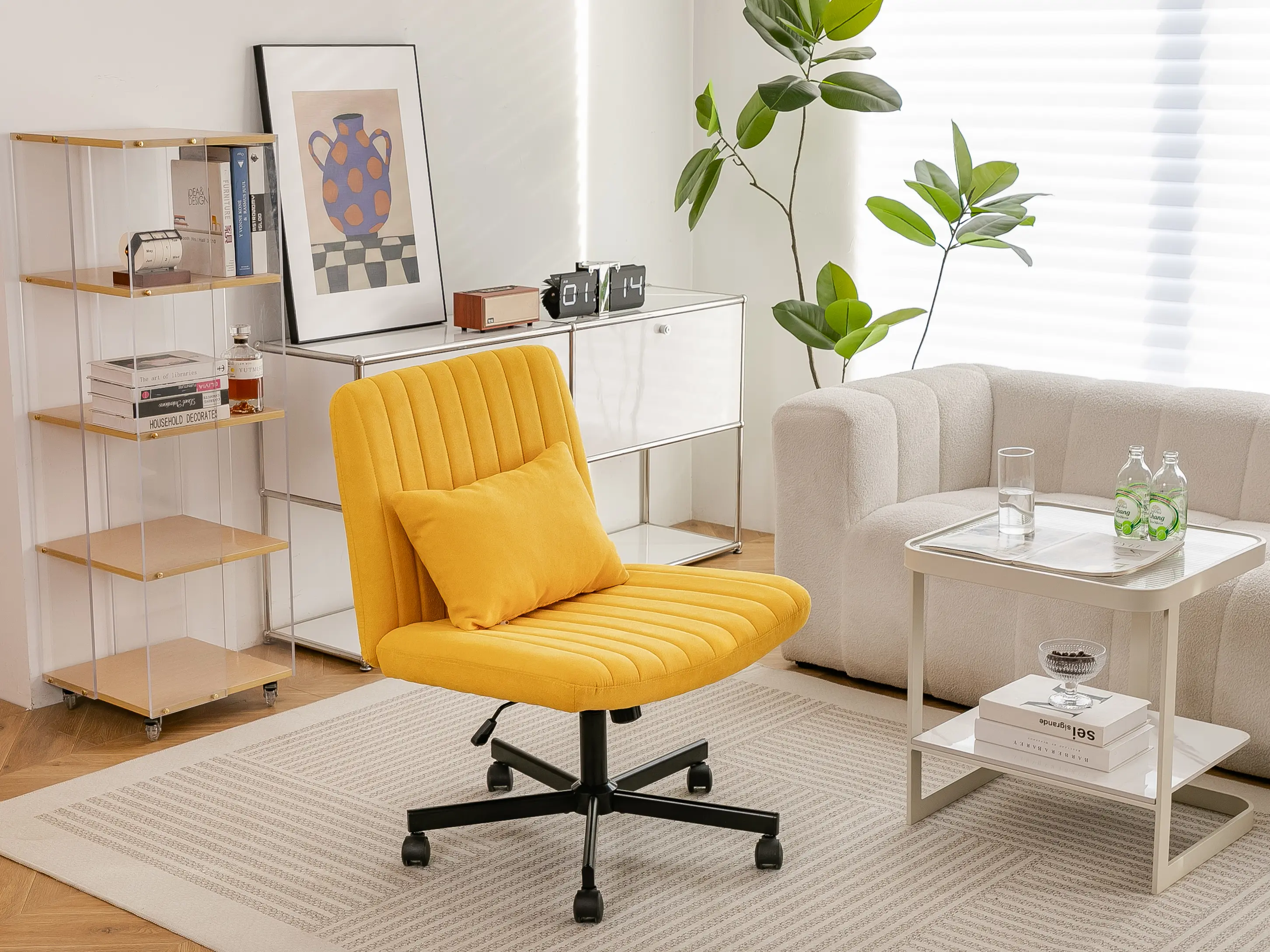 Yellow Linen Criss Cross Armless Office Chair with Wheels - Versatile for Home Office, Meditation & Makeup