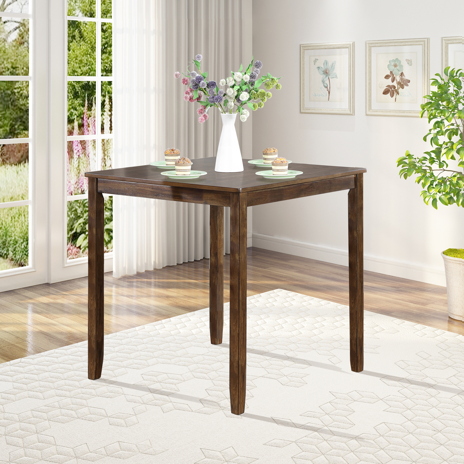 Wooden Dining Square Table, Kitchen Table for Small Space, 4 Person Counter Height Table, Walnut ONLY THE TABLE 6