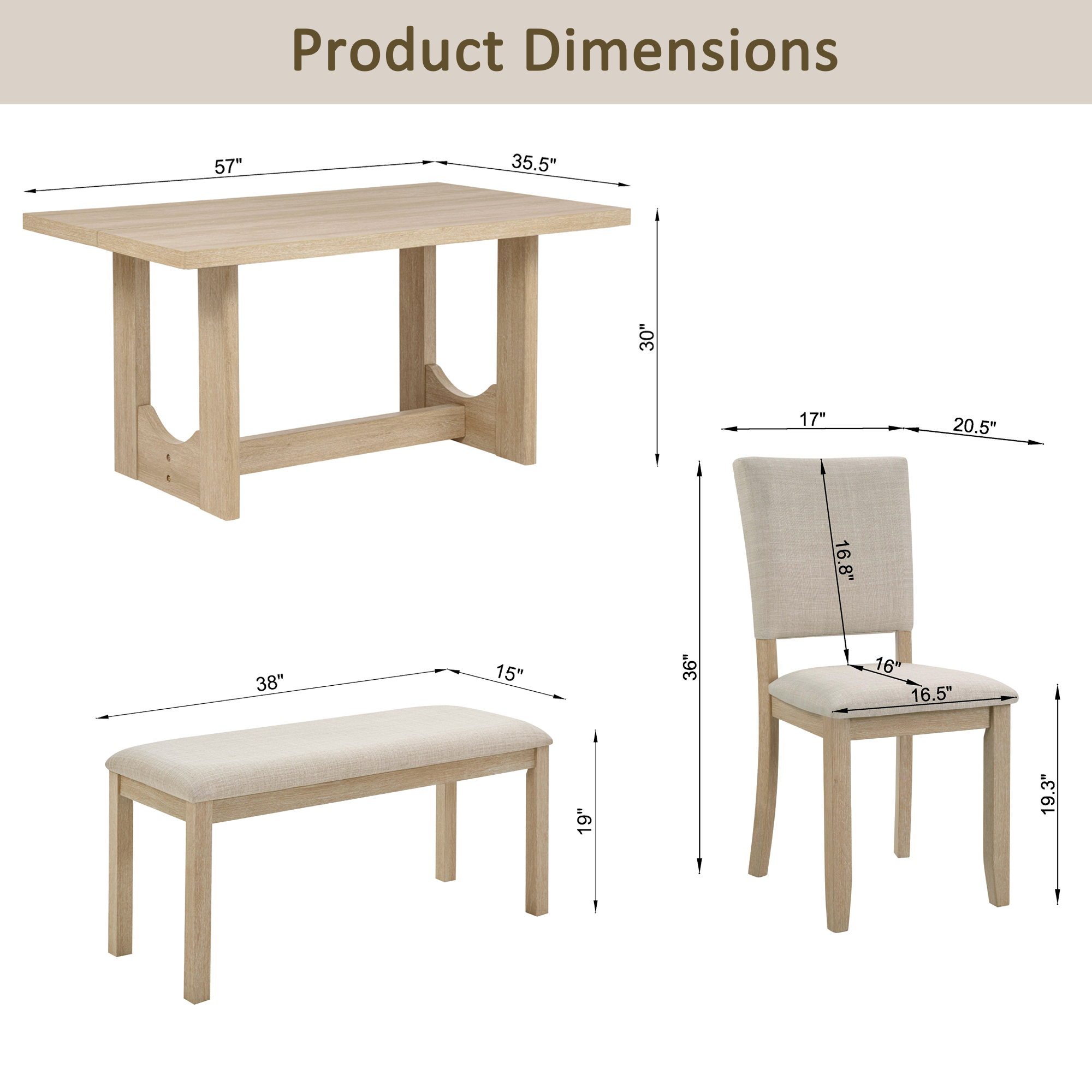 6 Piece Dining Table Set with Bench, Wooden Rectangular Kitchen Table Set with Bench and 4 Upholstered Chairs for Living Room, Kitchen, Dining Room, U-shaped base, Light Oak & Beige