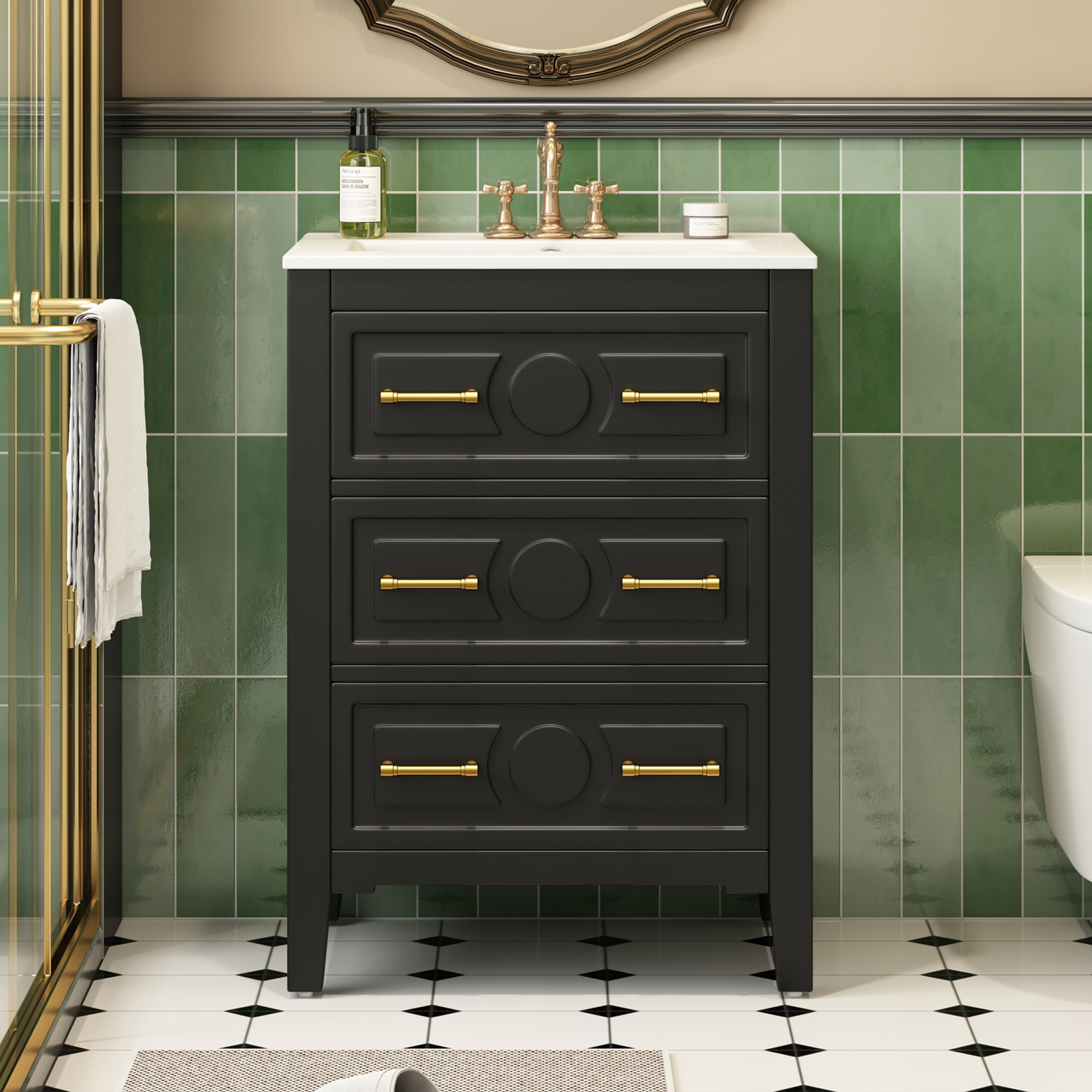 24'' Bathroom Vanity with Ceramic Sink Combo, Free Standing Single Vanity Set with 3 Drawers, Solid Wood Frame Bathroom Storage Cabinet