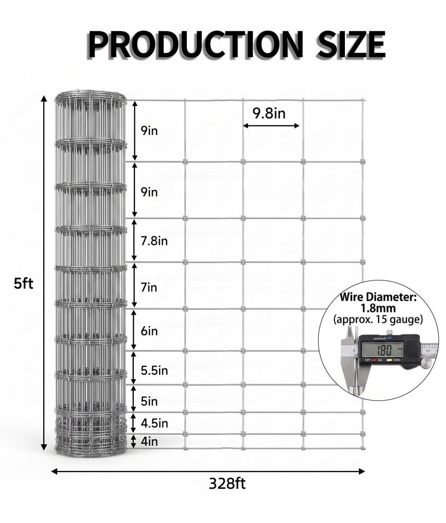 Farm Livestock Fence, 4.9*328FT Galvanised Iron Wire Farm Fence Cattle Fence Deer Fence Grassland Fence,Please Check Size Chart, Not for Small Animals