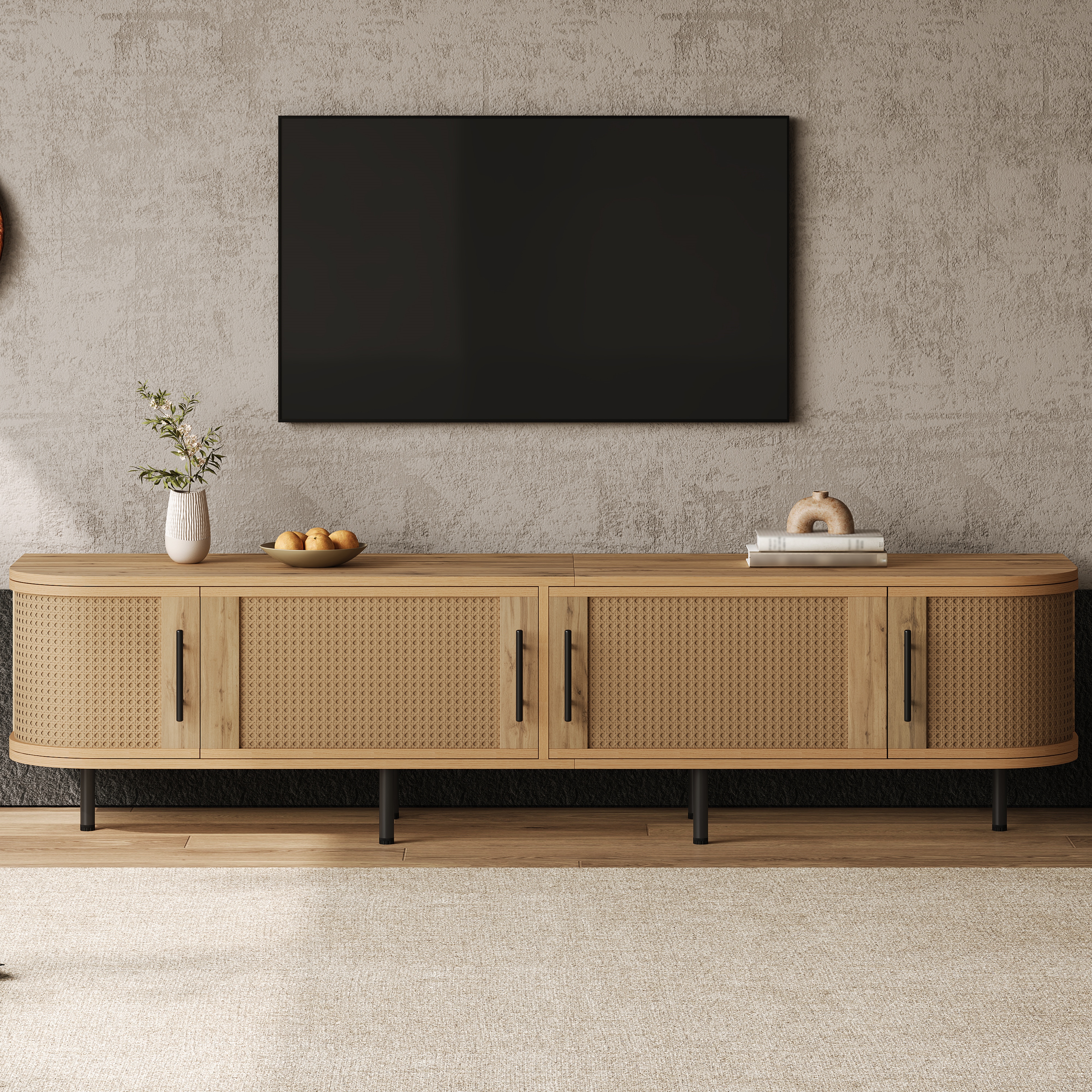 70inch Modern TV Stand with Rattan Doors for TVs up to 80", Media Console with Storage Space & Cable Holes, Entertainment Center for Living Room