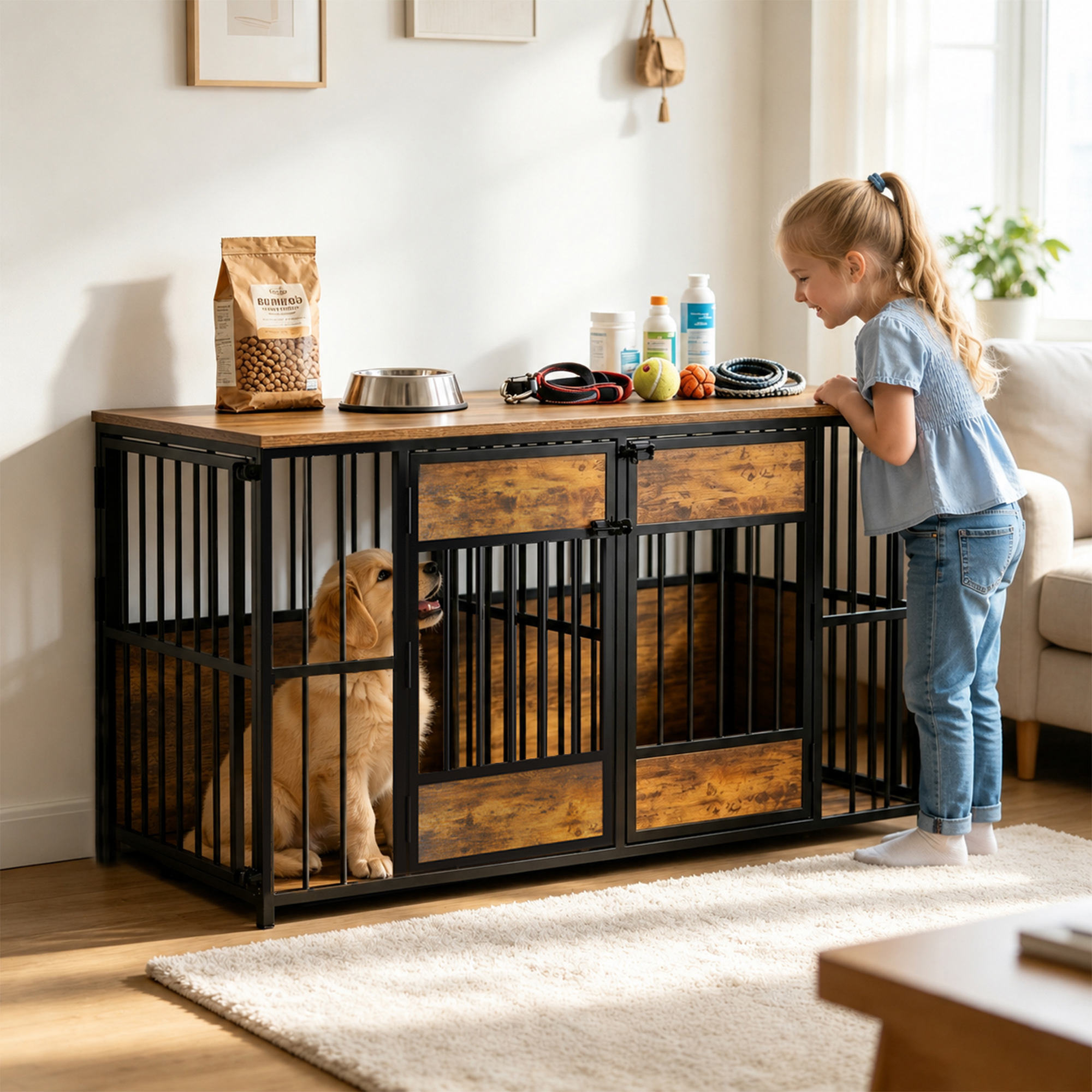 Wooden Dog Crate Furniture, Large Dog Kennel with Storage Top, Indoor Pet Cage