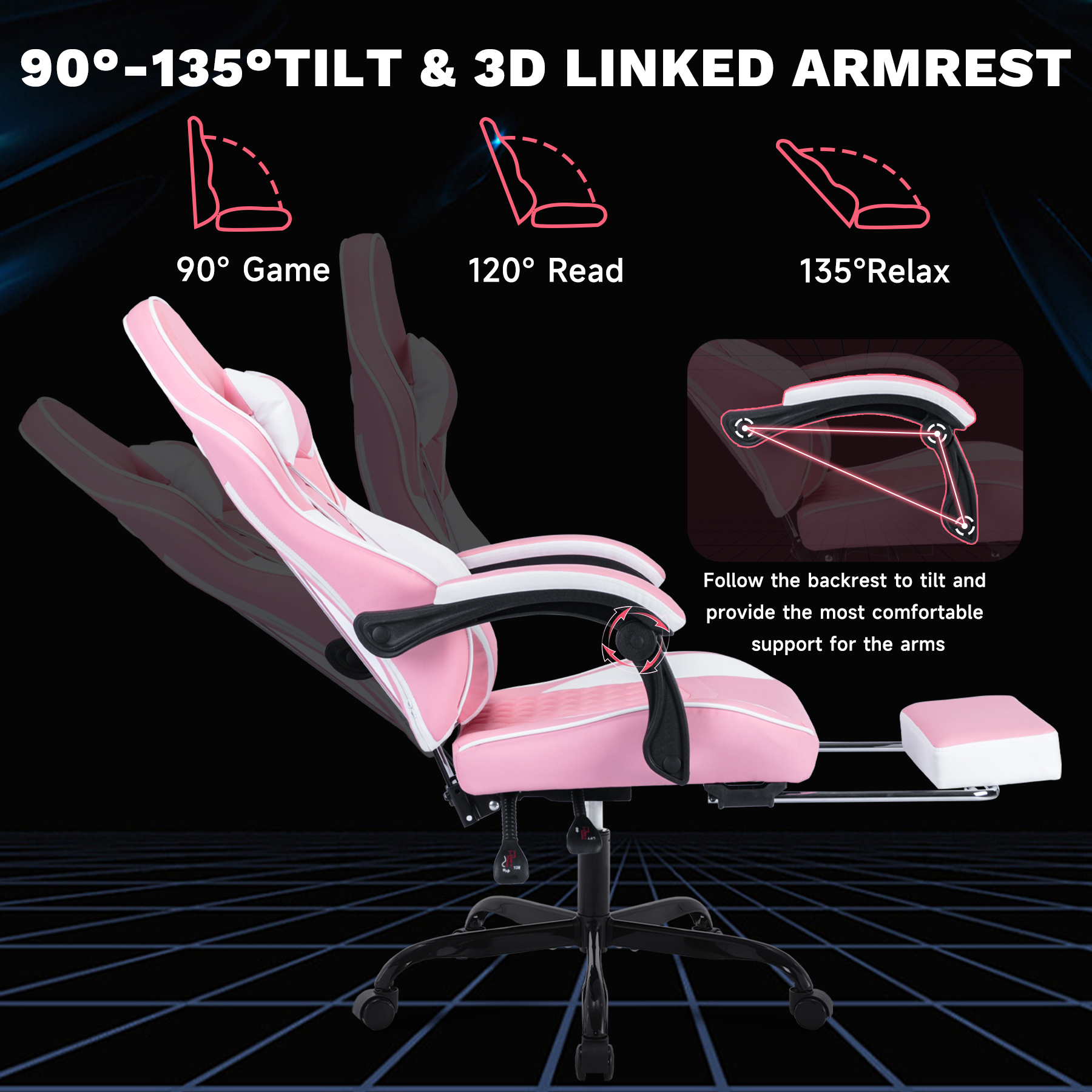 Ergonomic Video Gamer Chairs,Computer Gaming Chairs with Massage Lumbar Support and footrest,Racing Style Computer Chair Adjustable Headrest for Adults,Pink White — foto 7