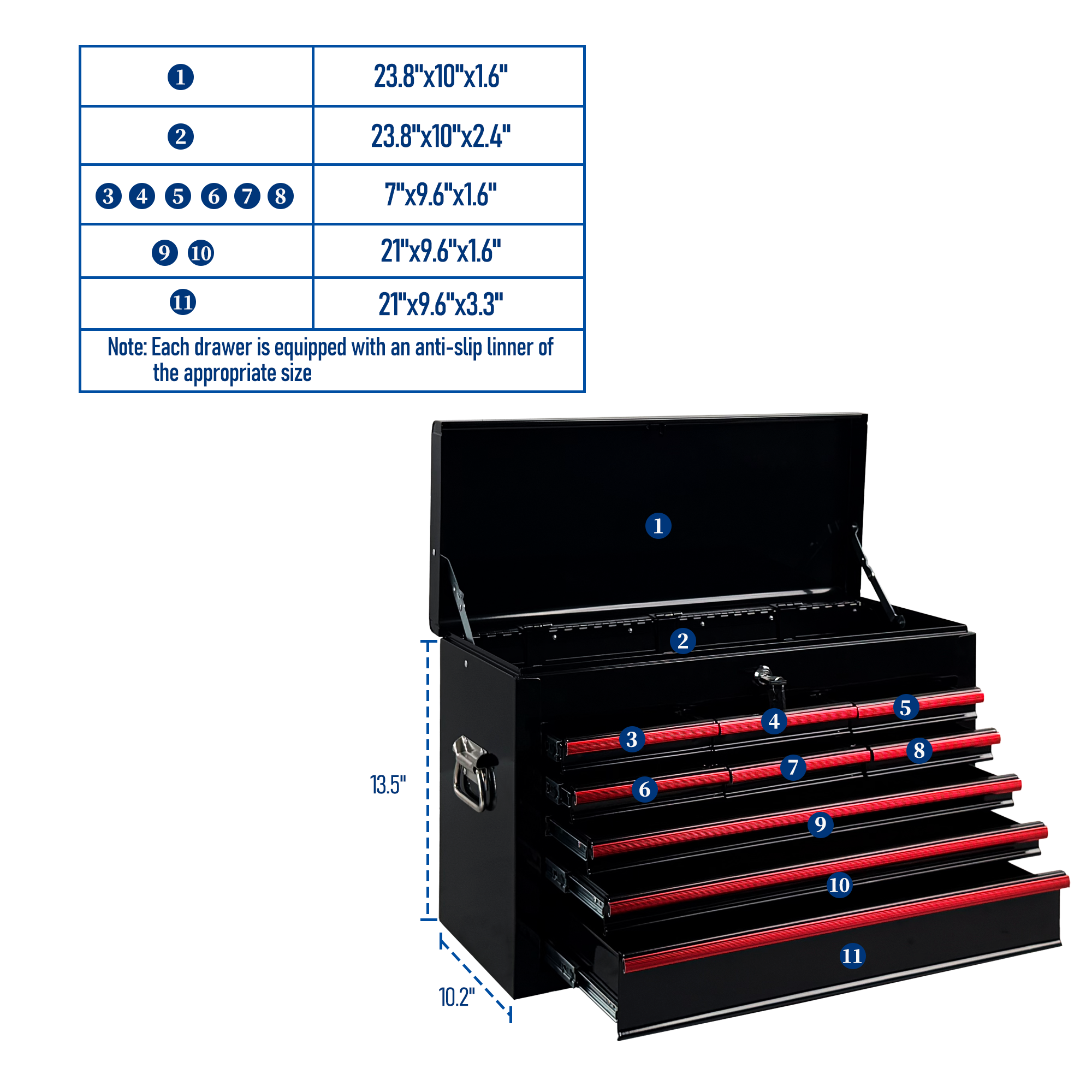 Heavy Duty Metal Tool Box, 24-inch, Portable Metal Tool Box with 9 Drawers, Small Tool Chest with EVA Liners, Ball Bearing Slide Drawers Locking & Powder Coated Finish, Multi-Function Tool Organizer — foto 10