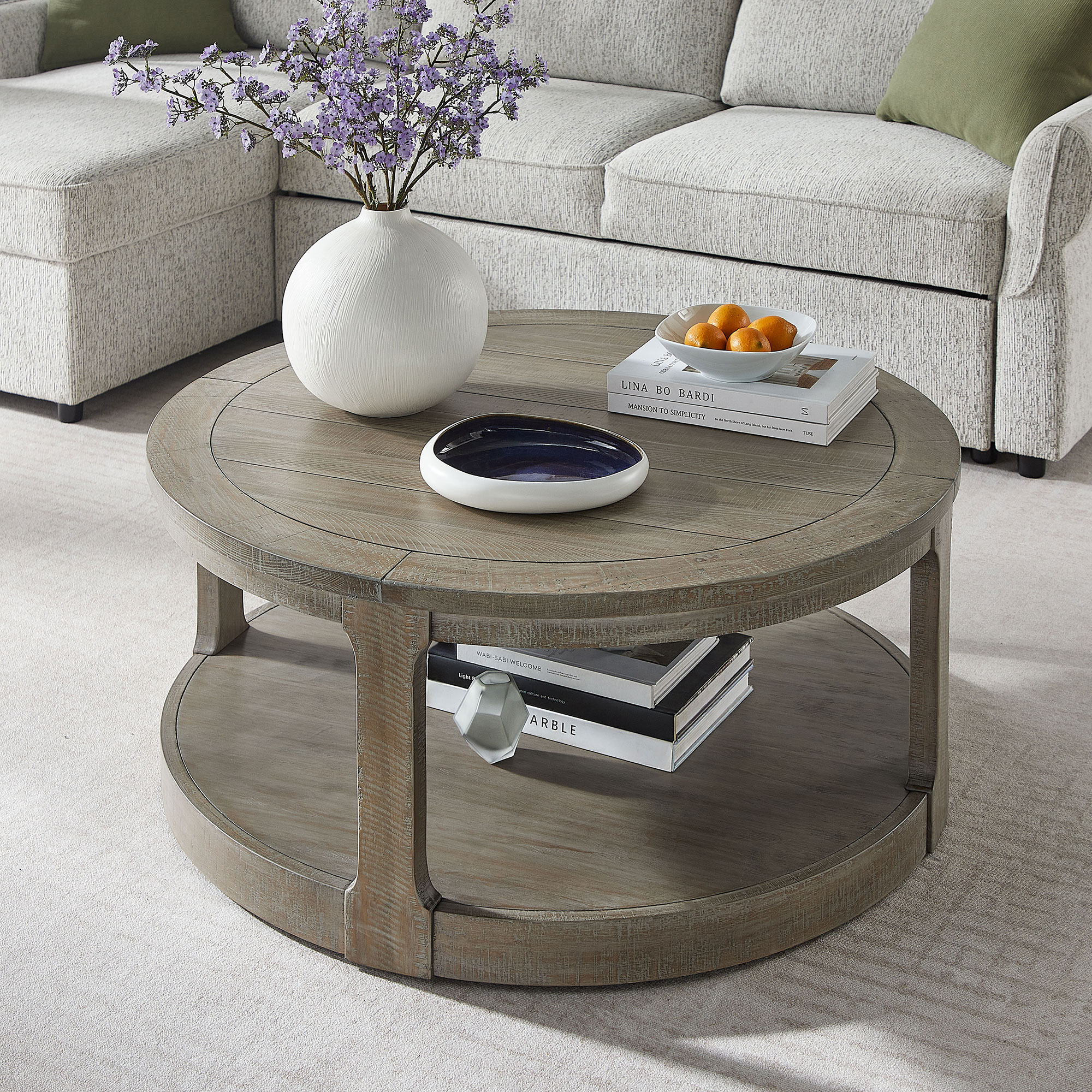 40inch Large Curved 2 Tier Traditional Round Circle Wooden Center Coffee Table,Rounded Table with Wheels,Mid Century Rustic Style Table for living Room,Office,Apartment,Light Brown — foto 2