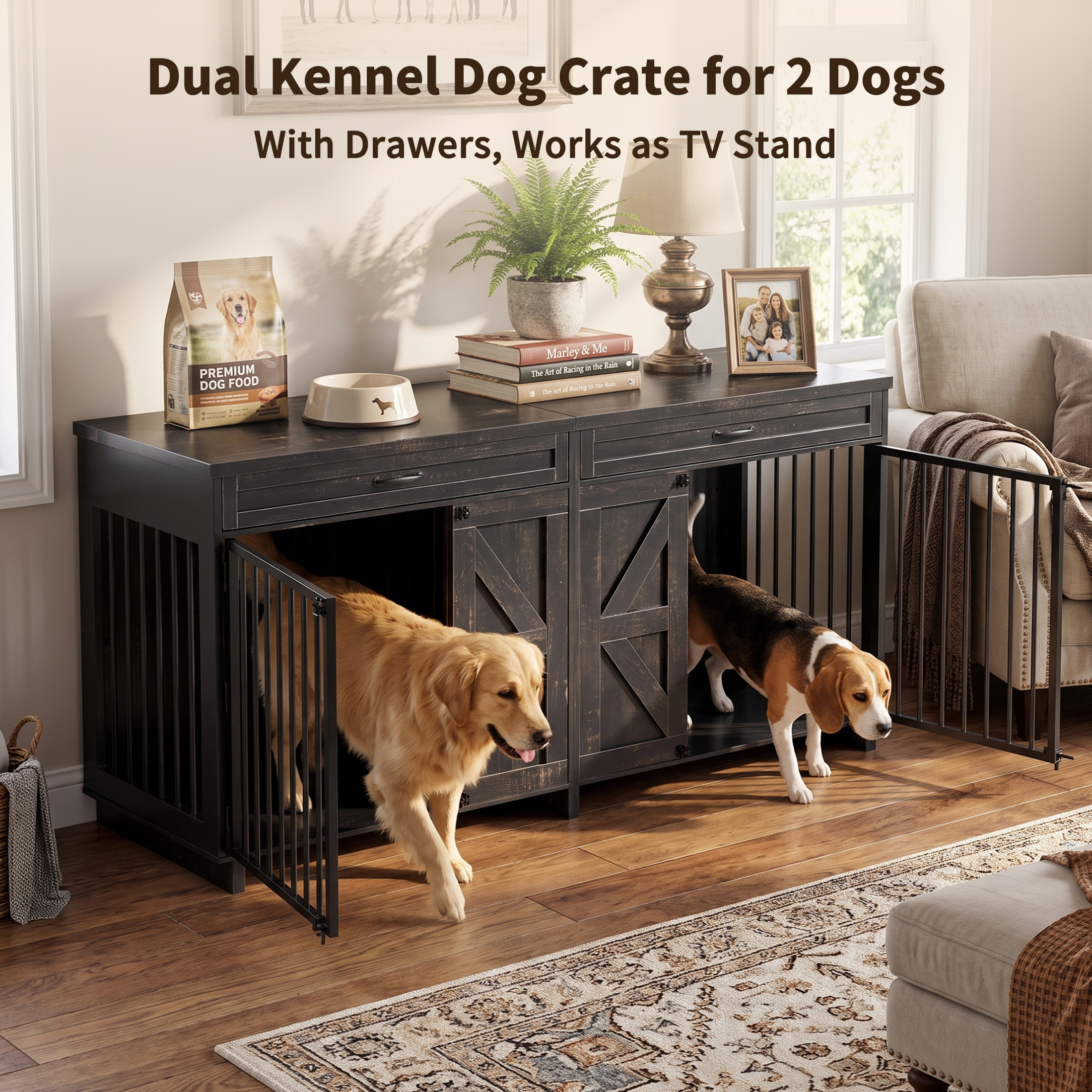 Dog Crate Furniture TV Stand, 2-in-1 Wooden Dog Kennel with Storage Drawers, Large Dog Cage for Home — image 1