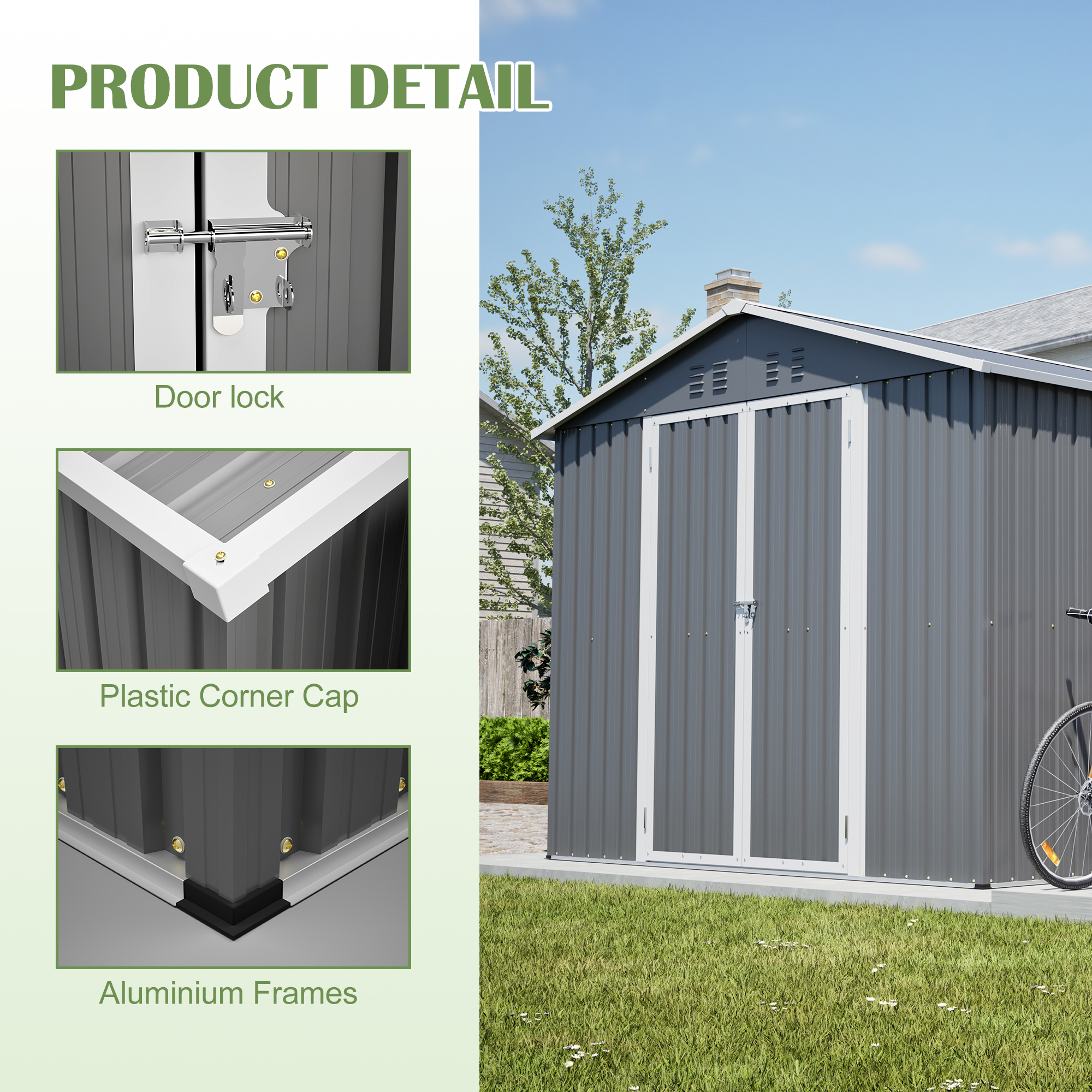 8x12 FT Outdoor Metal Storage Shed with Additional Side Door, Large Tool Shed with 2 Lockable Doors for Easy Access, Aluminum Frame, Grey Backyard Garden Patio Storage — foto 8