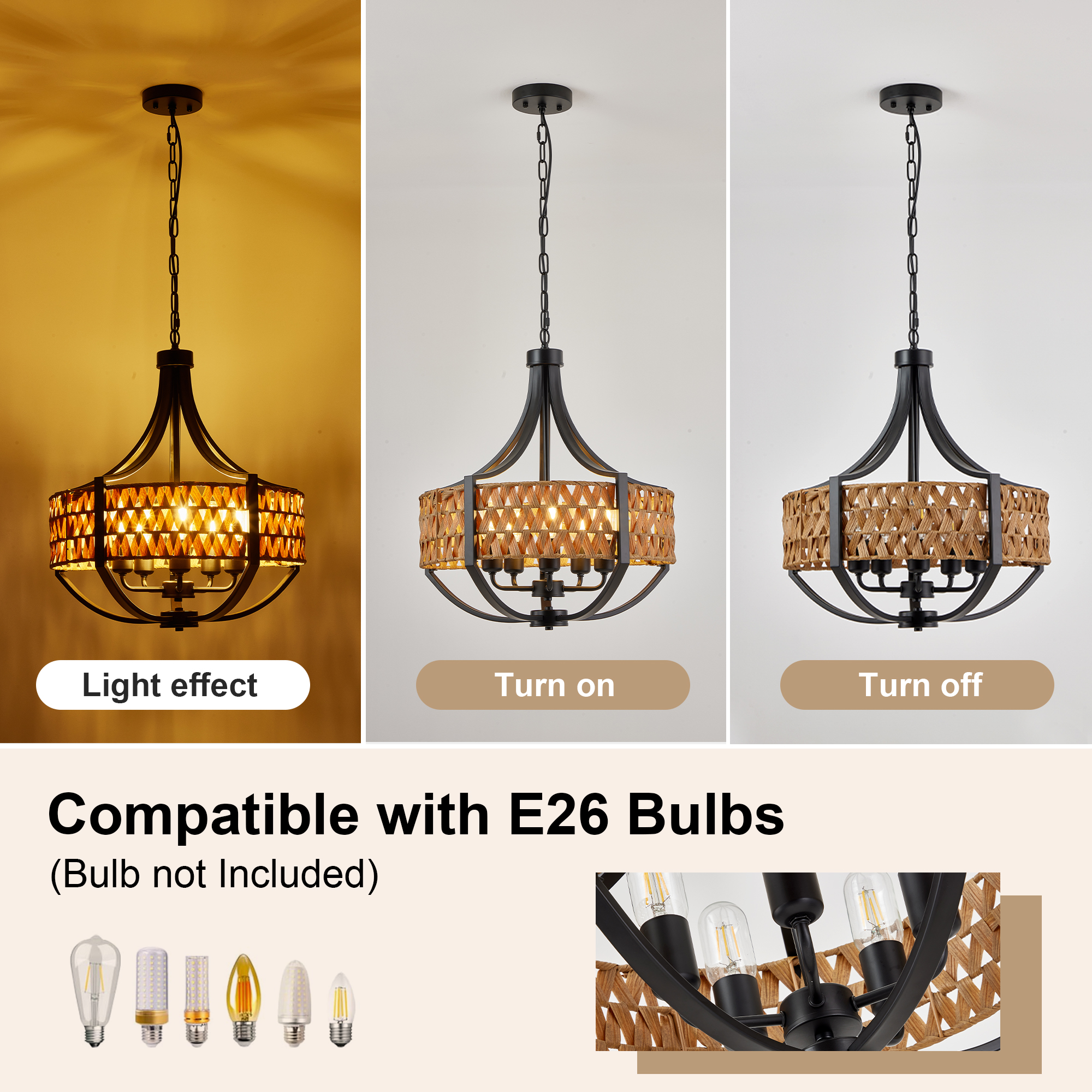 19.7" Rattan Chandelier, 5-Light Boho Chandelier with Natural Woven Reed Shade, Black Farmhouse Hanging Ceiling Light Pendant Light for Dining Room, Living Room, Foyer, Bedroom Hallway — foto 2