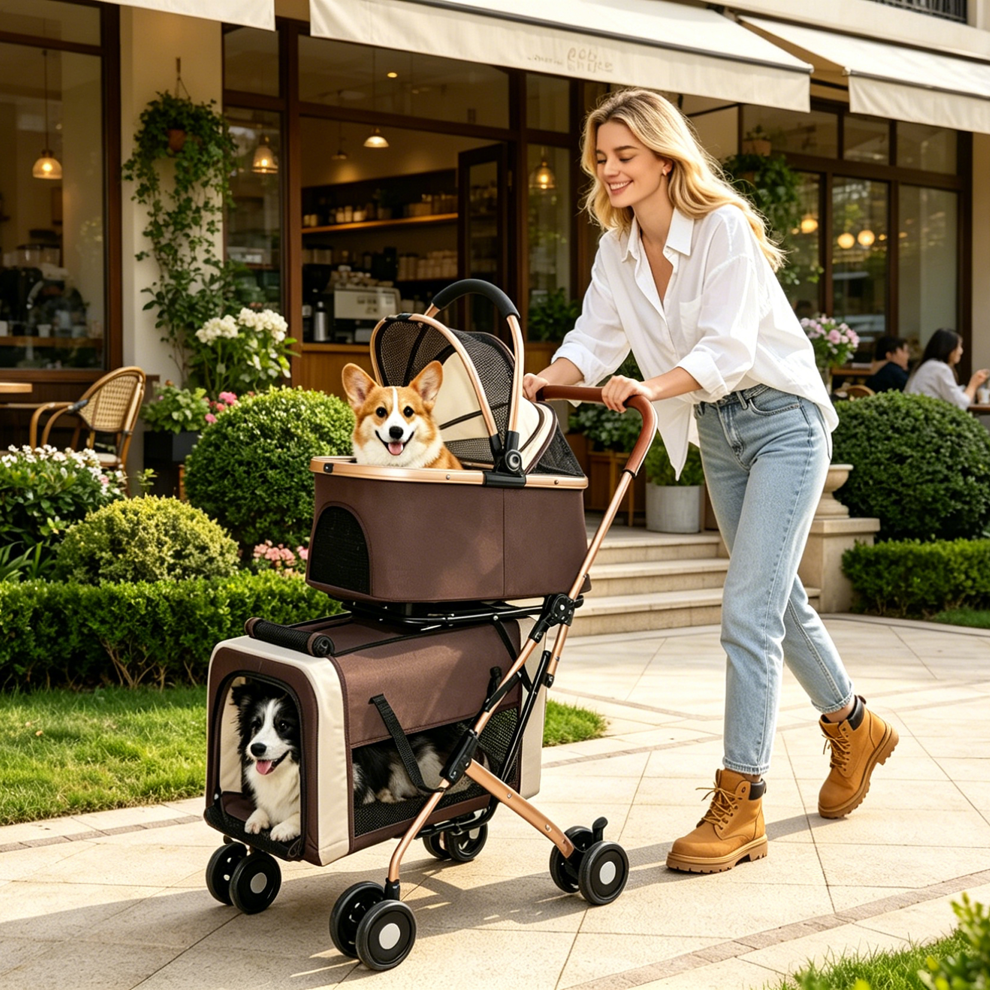 Double Pet Stroller for Dogs and Cats, Foldable Frame, 3-in-1 Convertible Carrier/Tote, Shockproof Wheels, Brake System, Fixed Safety Leashes for Small/Medium Pets in Multi-Pet Homes(Khaki) — foto 4