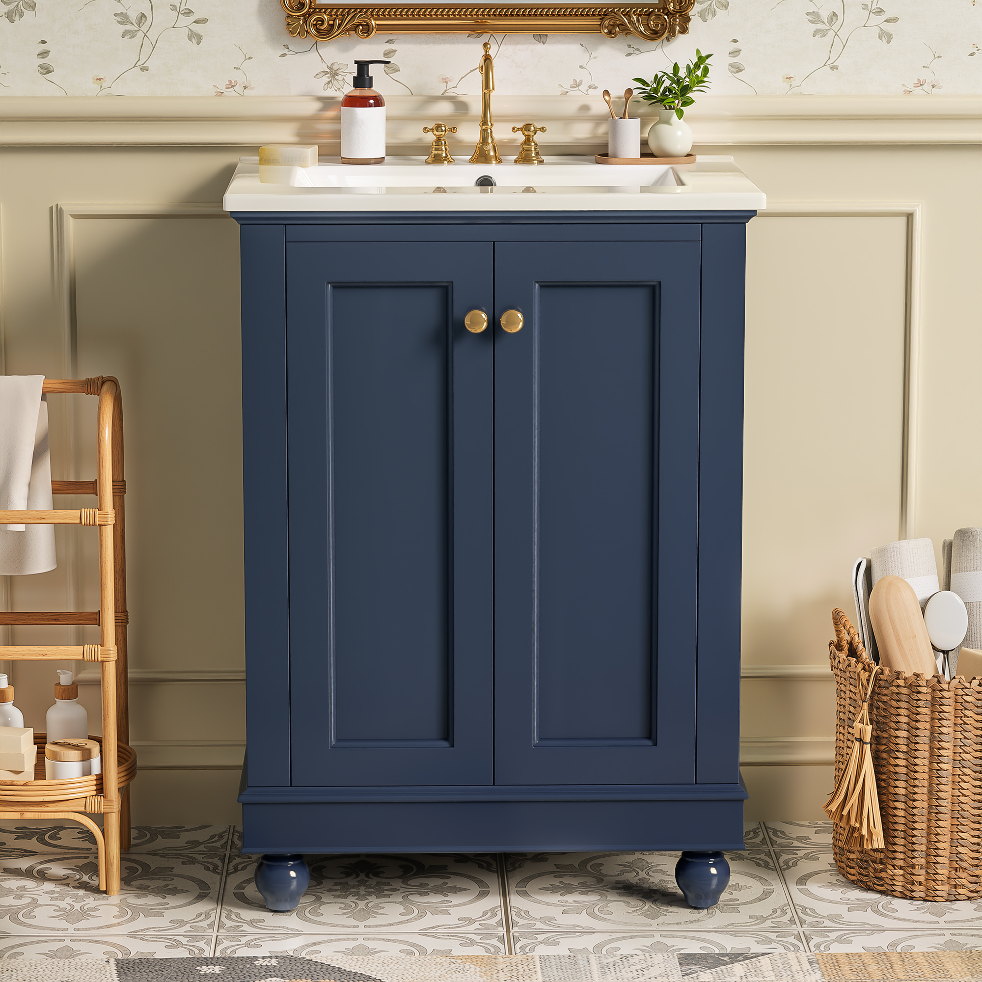 24 inch Modern Bathroom Vanity Cabinet, Simple & Elegant Design with Soft-Closing Storage, Adjustable Shelf, Bathroom Vanity with Ceramic Sink