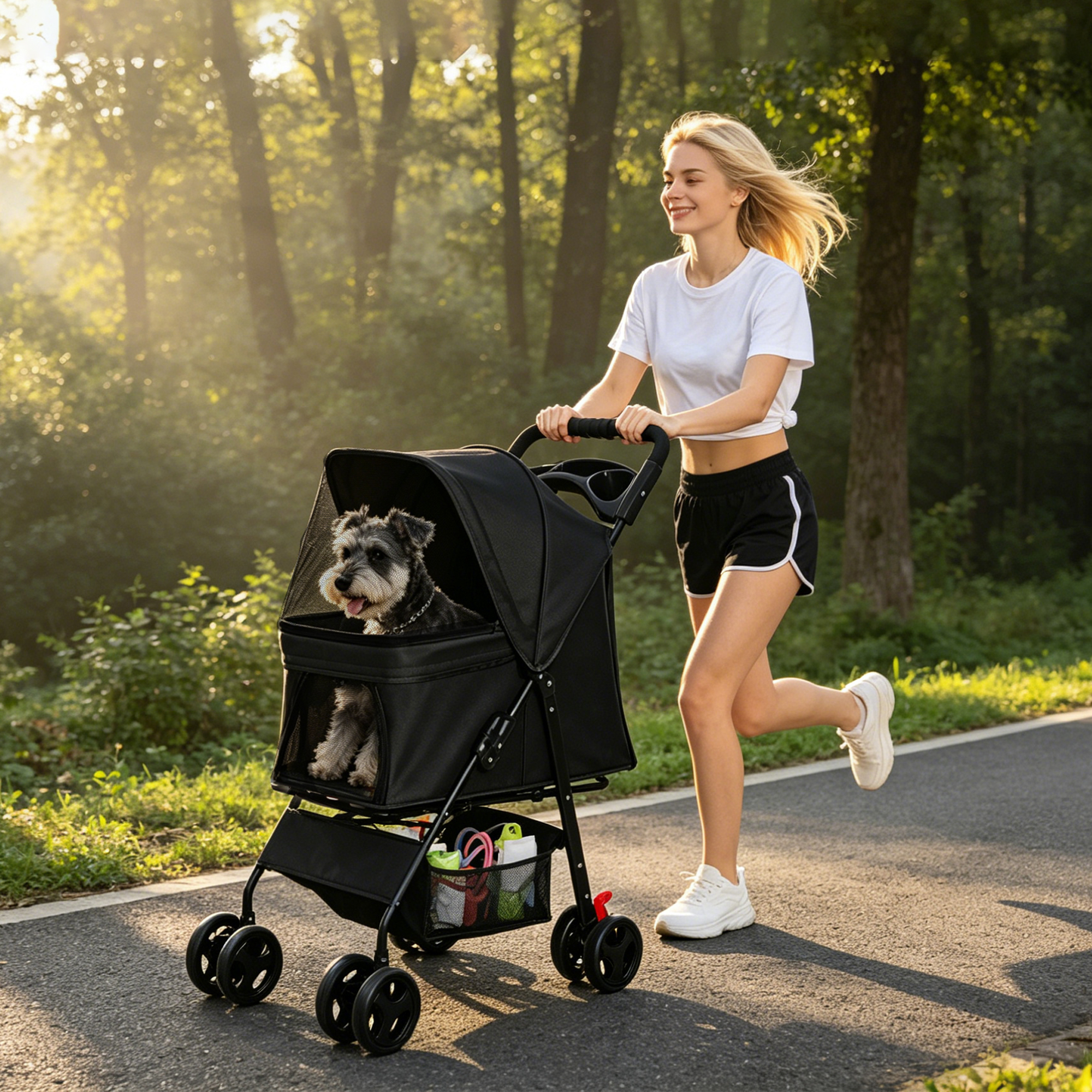 Foldable Pet Stroller for Small Dogs and Cats Under 28 lbs with Multi-Functional Tray, 2 Safety Leashes, Storage Basket & Breathable Mesh, 4 Wheels Pet Stroller, Black — foto 6
