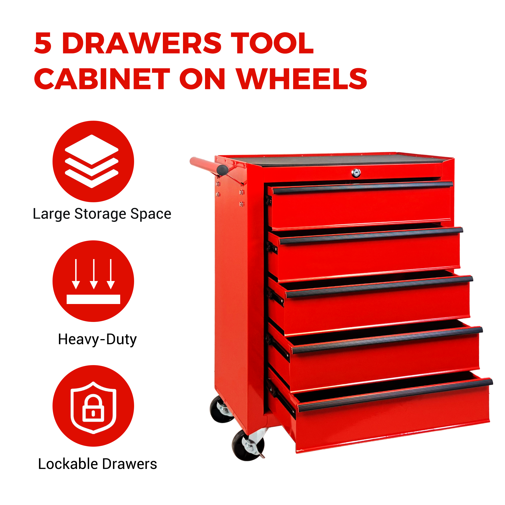 Rolling Metal Tool Chest with 5 Drawers, 20" 5-Drawer Tool Chest Cabinet with Ball Bearing Drawer Slides, Steel Tool Storage Box Organizer-RED — foto 7