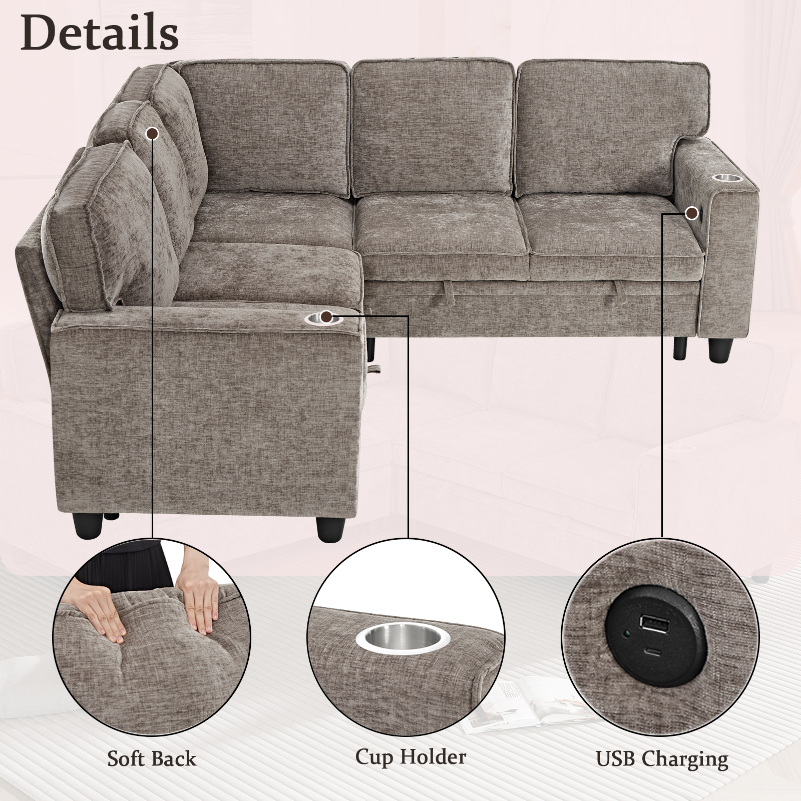 L-Shaped Sofa with Pull Out Sofa Bed, Sleeper Sofa Couch Bed with Storage Seat, 5 Seat Sectional Sofa Bed with USB, Sectional Sofa Couch for Living Room, Apartment, Light Brown — foto 6