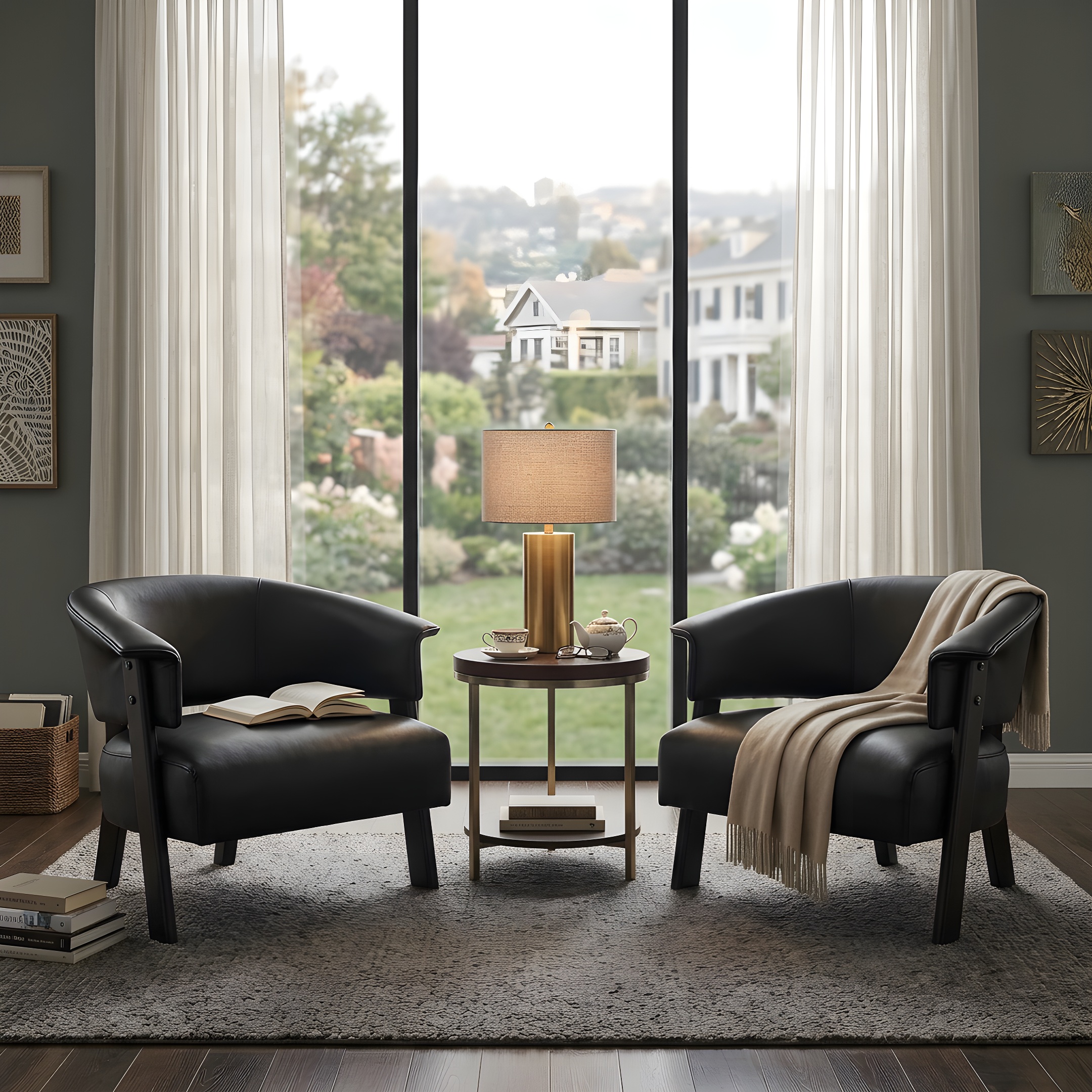 Faux Leather Wingback Accent Chairs Set for 2, Wrap-Around Back Upholstered Armchair, Comfy Fabric Wingback Arms Chairs with Solid Wood Legs, Single Sofa Reading Chair for Bedroom Living Room, Black — foto 4