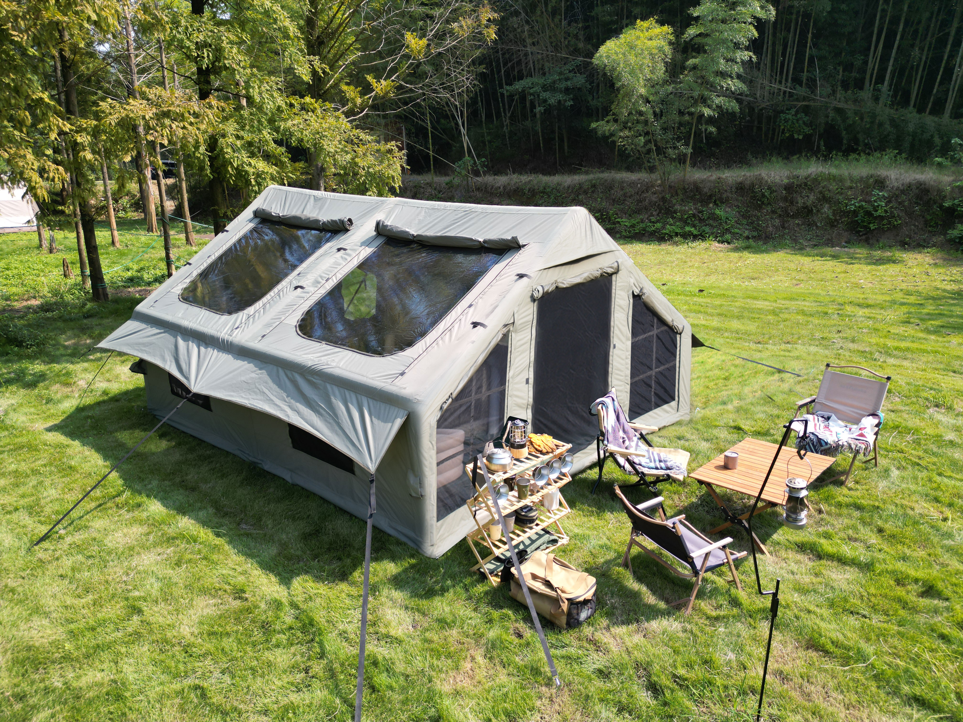 9.8 x13ft Inflatable Camping Tents with Hand Pump, Air Glamping Tents, Easy Setup Waterproof and Windproof Blow up Tent, 4 Seasons Oxford Cabin Tent with Mesh & Chimney Window. Army green