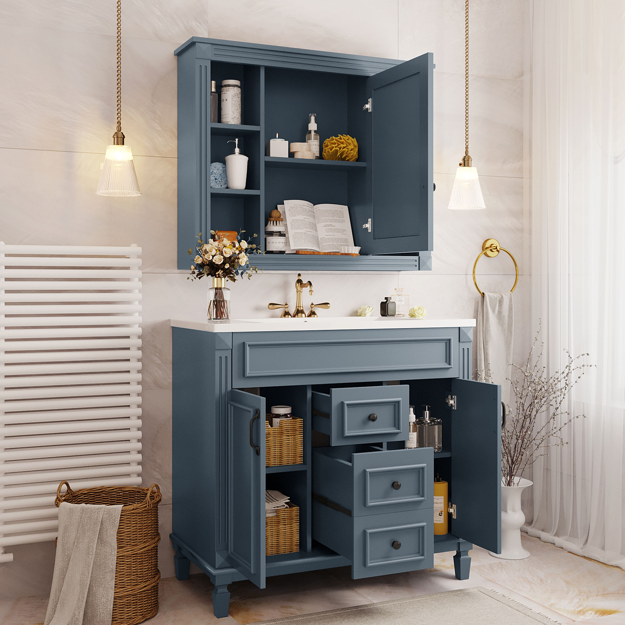 36'' Bathroom Vanity with Top Sink, Royal Blue Mirror Cabinet, Modern Bathroom Storage Cabinet with 2 Soft Closing Doors, Single Sink Bathroom Vanity — foto 3