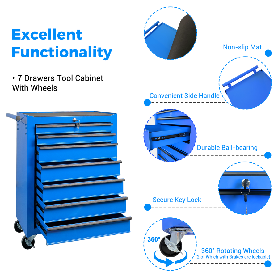 Rolling Metal Tool Chest with 7 Drawers, 20" 7-Drawer Tool Chest Cabinet with Ball Bearing Drawer Slides, Steel Tool Storage Box Organizer -BLUE