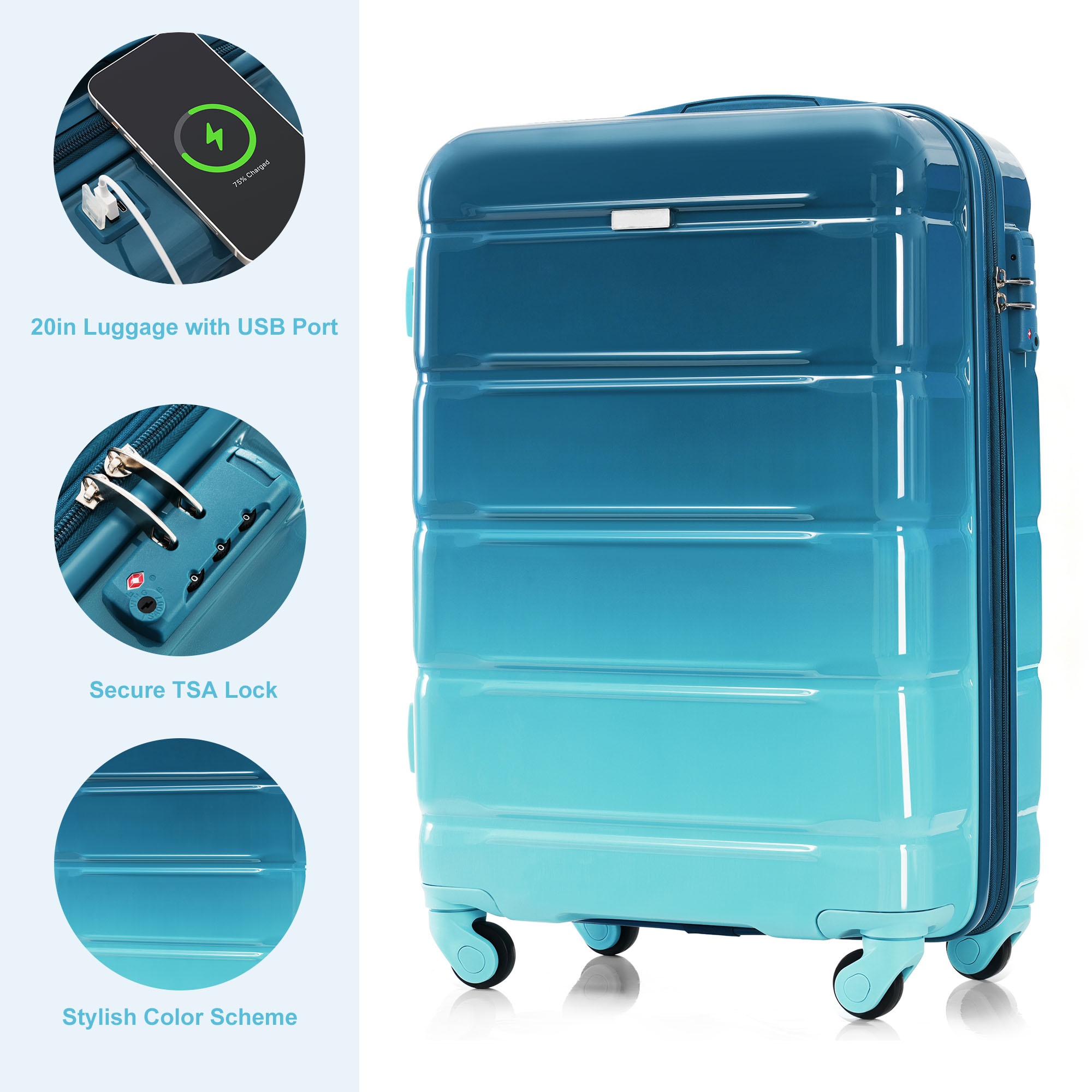 3-Piece Luggage Set - 20in Checked Suitcase with TSA Lock Travel Duffel Bag Wet-Dry Toiletry Bag,blue 2