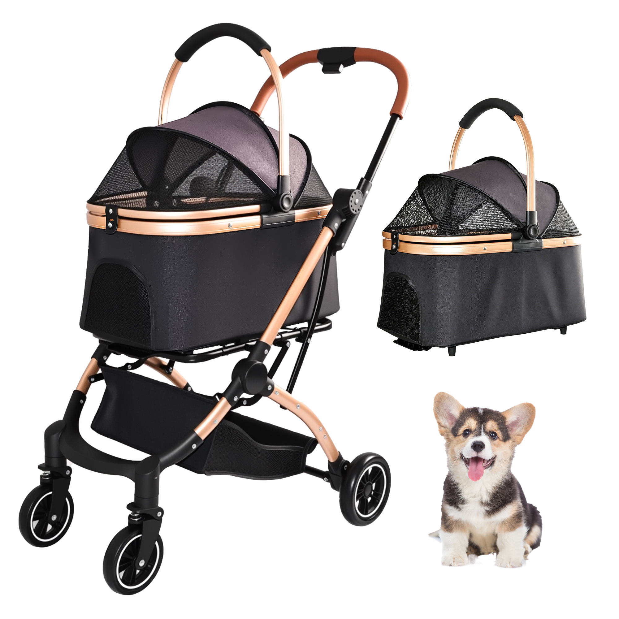 Pet Stroller for Dogs and Cats, 2-in-1 Detachable Foldable 4 Wheels Pet Stroller, Quick One-Hand Fold, Storage Basket, Detachable Carry Basket with Sun Canopy(Black+Gold)