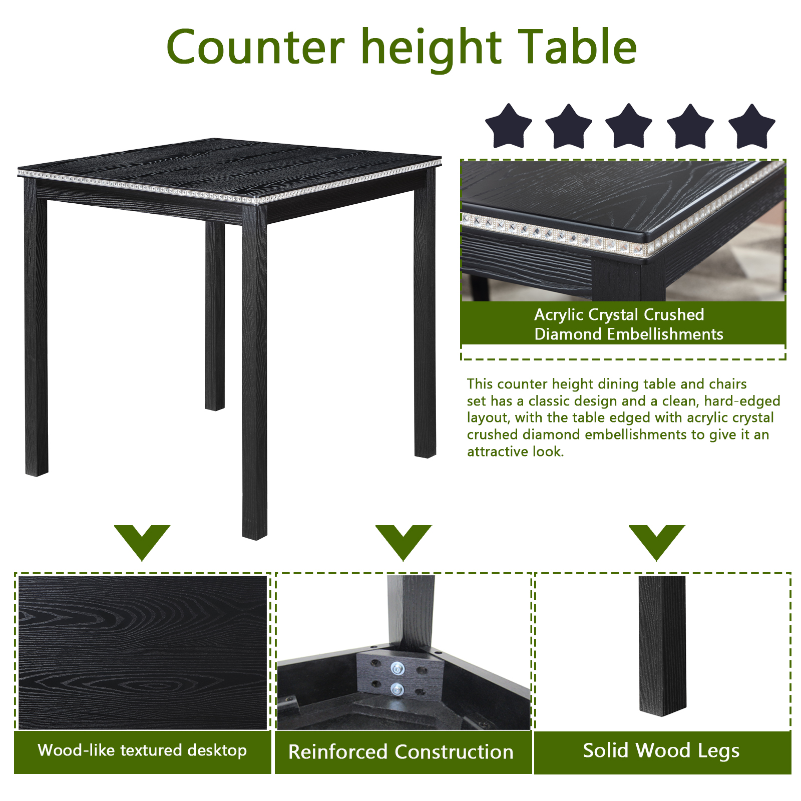 5 Piece Counter Height Table Set, Wooden Kitchen Table Set with Square Table and 4 Upholstered Chairs, Counter Height Dining Table with Crystal Decoration and Chair Set for Kitchen, Dining Room,Black — foto 8
