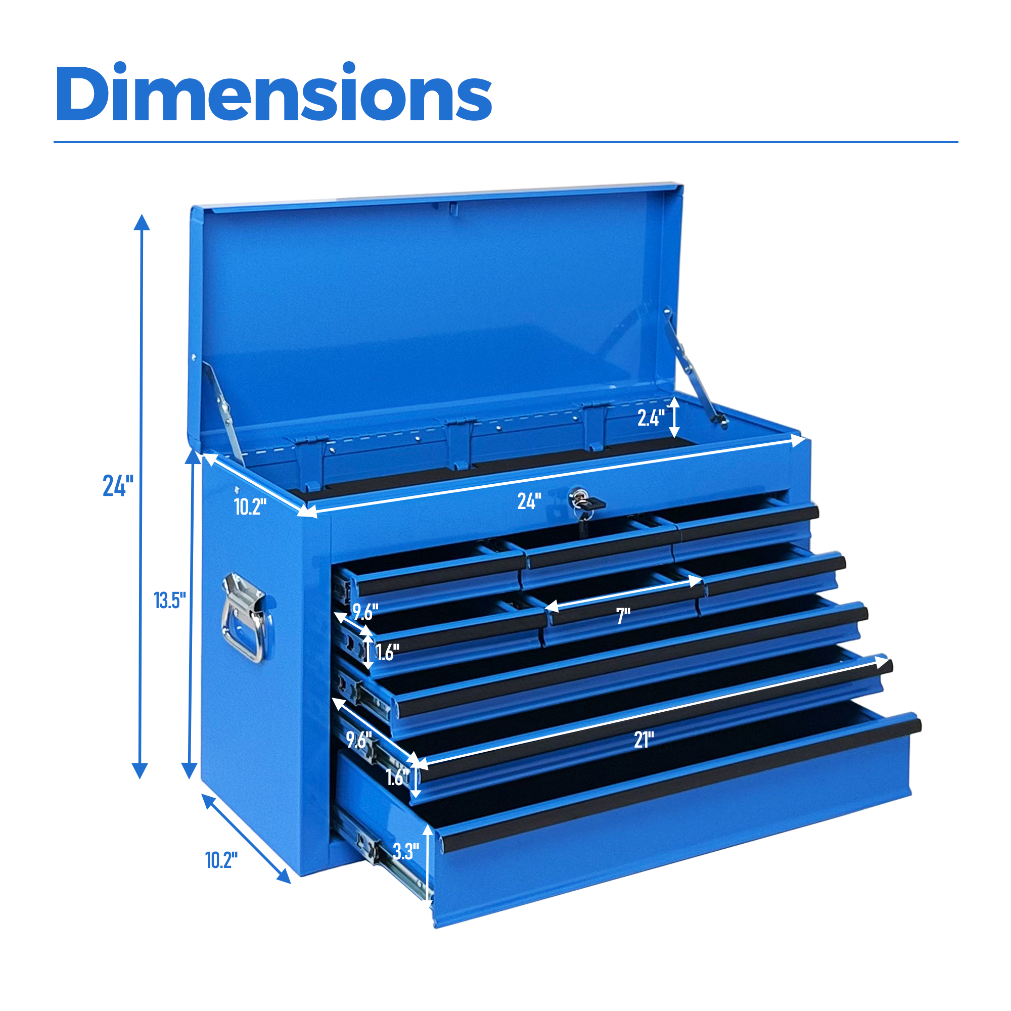 Heavy Duty Metal Tool Box, 24-inch, Portable Metal Tool Box with 9 Drawers, Small Tool Chest with EVA Liners, Ball Bearing Slide Drawers Locking & Powder Coated Finish, Multi-Function Tool Organizer — foto 15